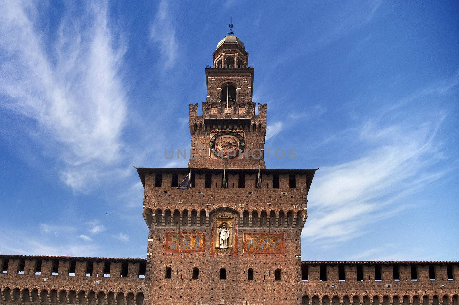 Main entrance and tower of Sforza's Castle in Milan, old landmark of Lombardy - Italy