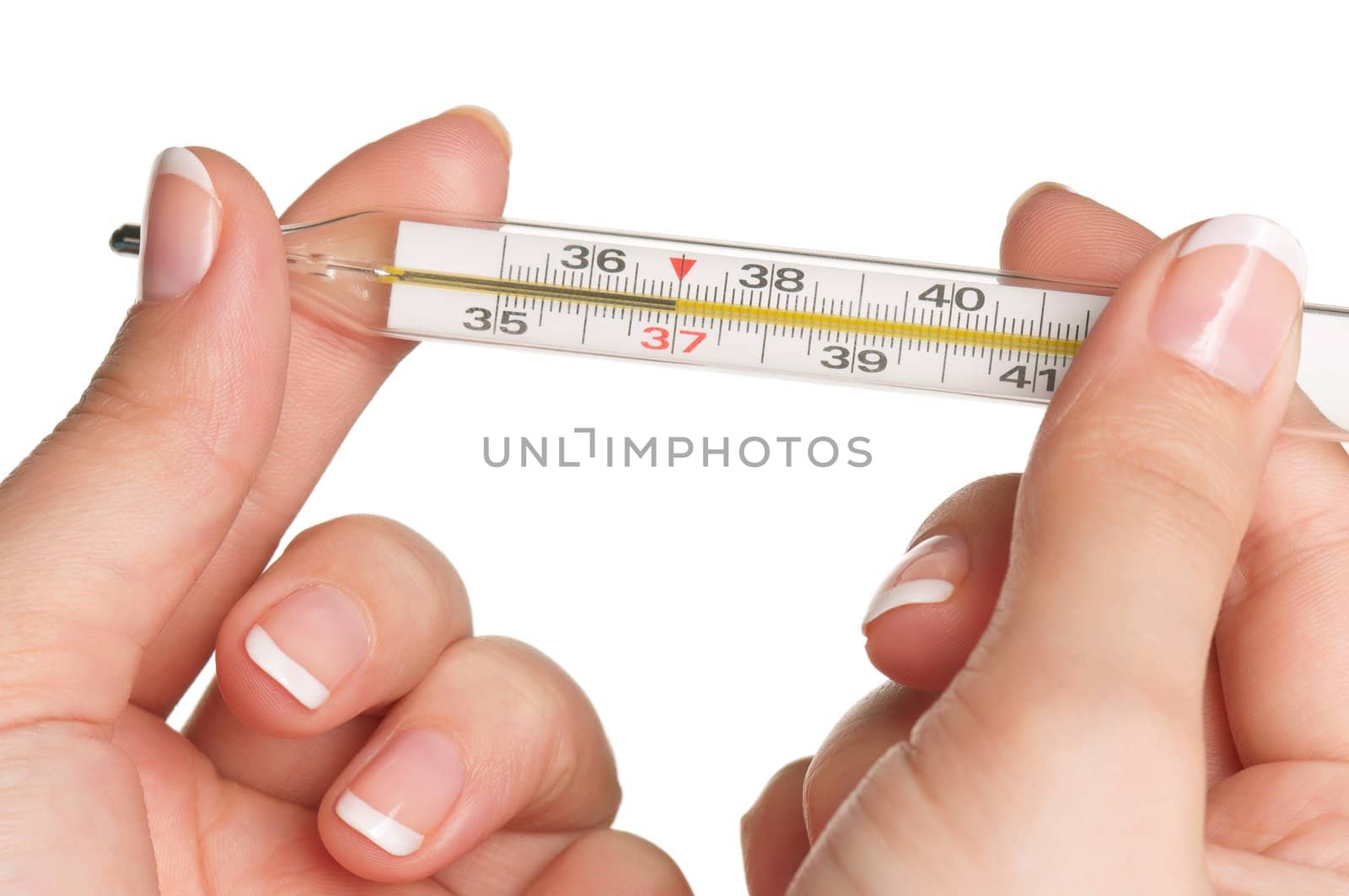 Woman hand with thermometer isolated on white background