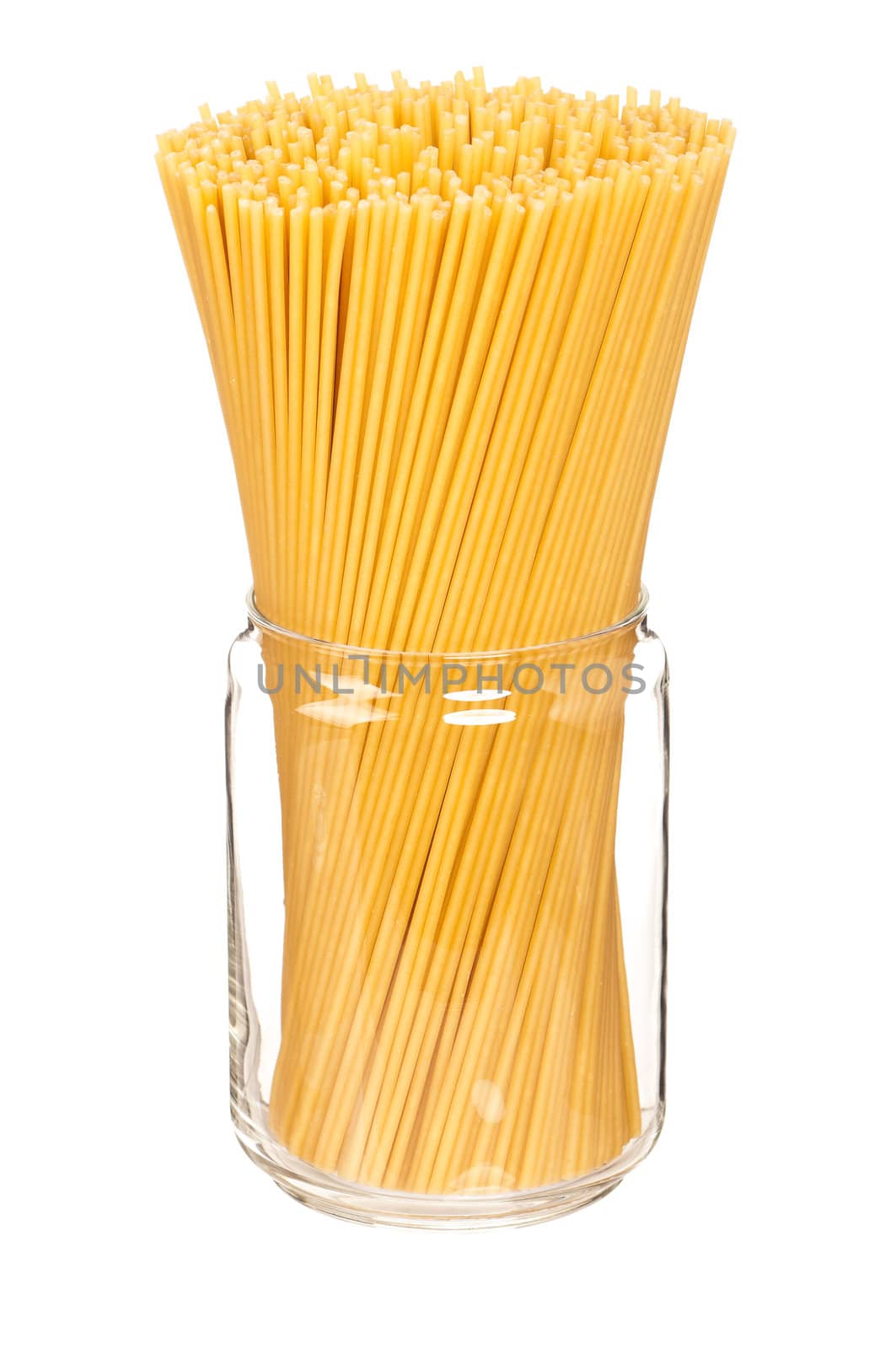 Spaghetti in glass pot isolated on white background