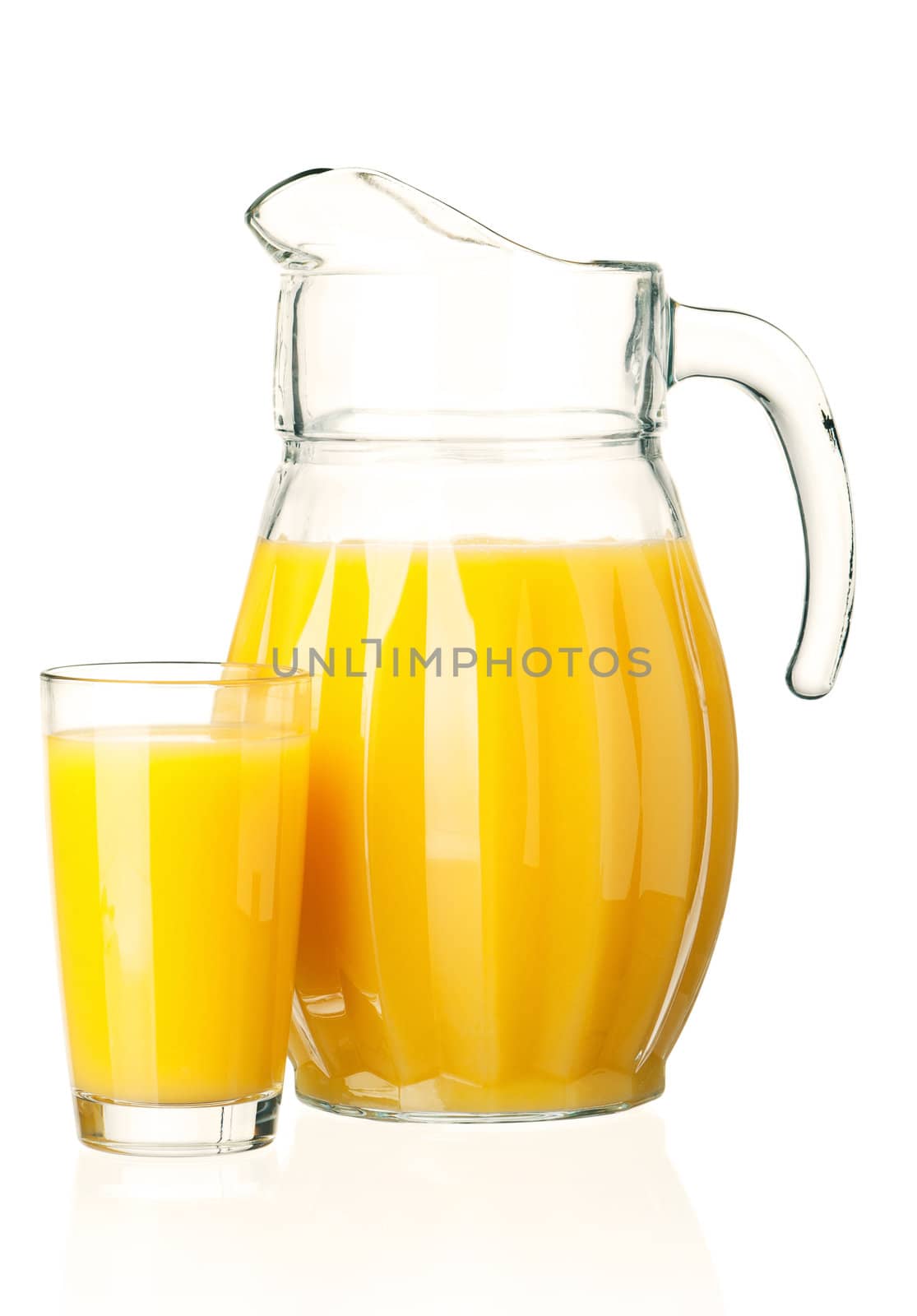 Jug and glass of fresh orange juice on white background