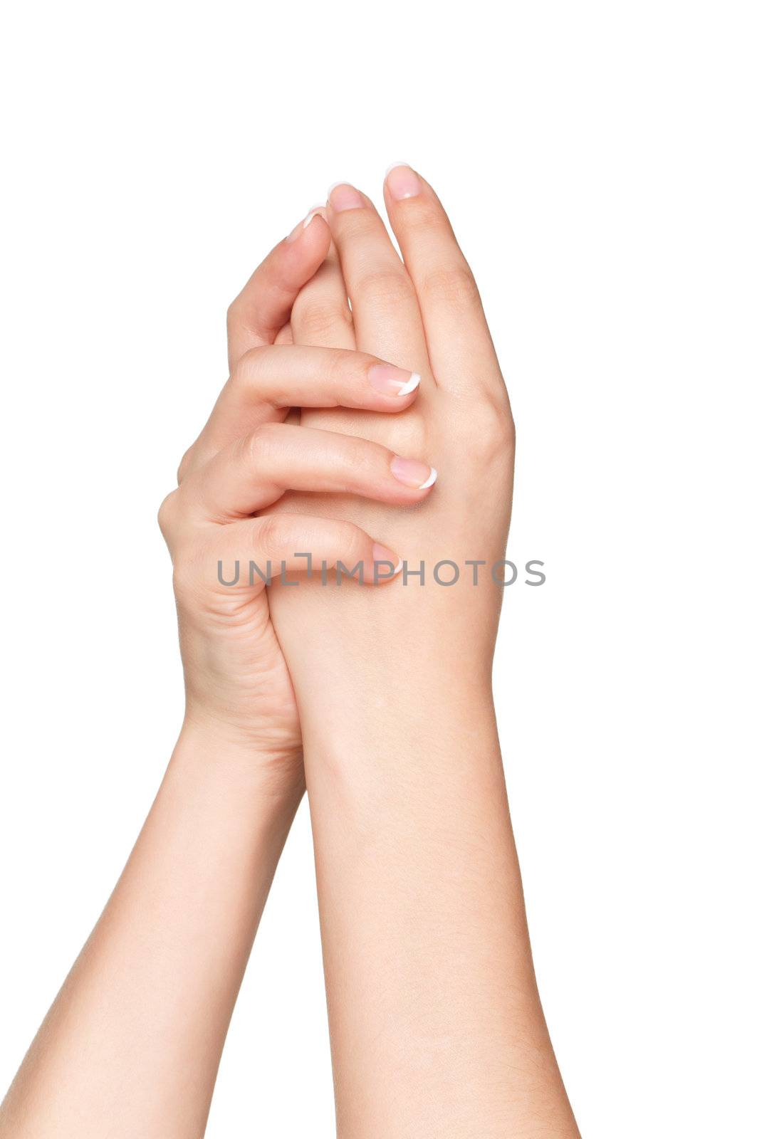 Woman hands with french manicure isolated on white background