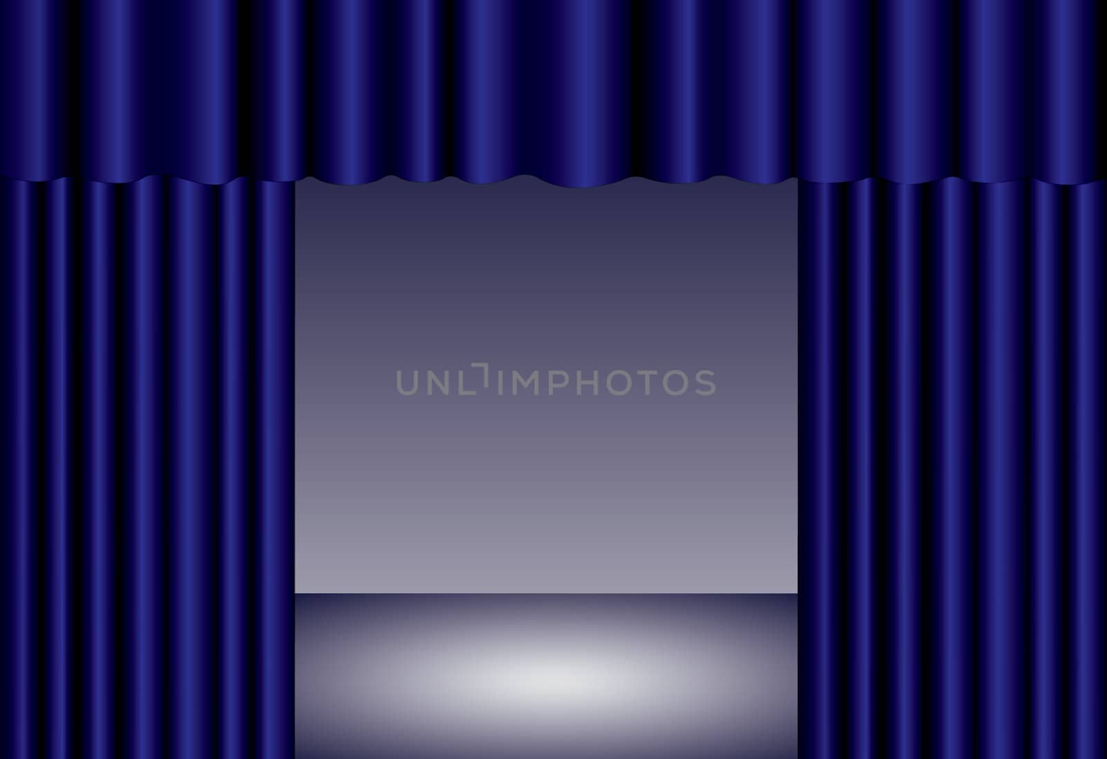 Blue theater curtain with spotlight on stage,