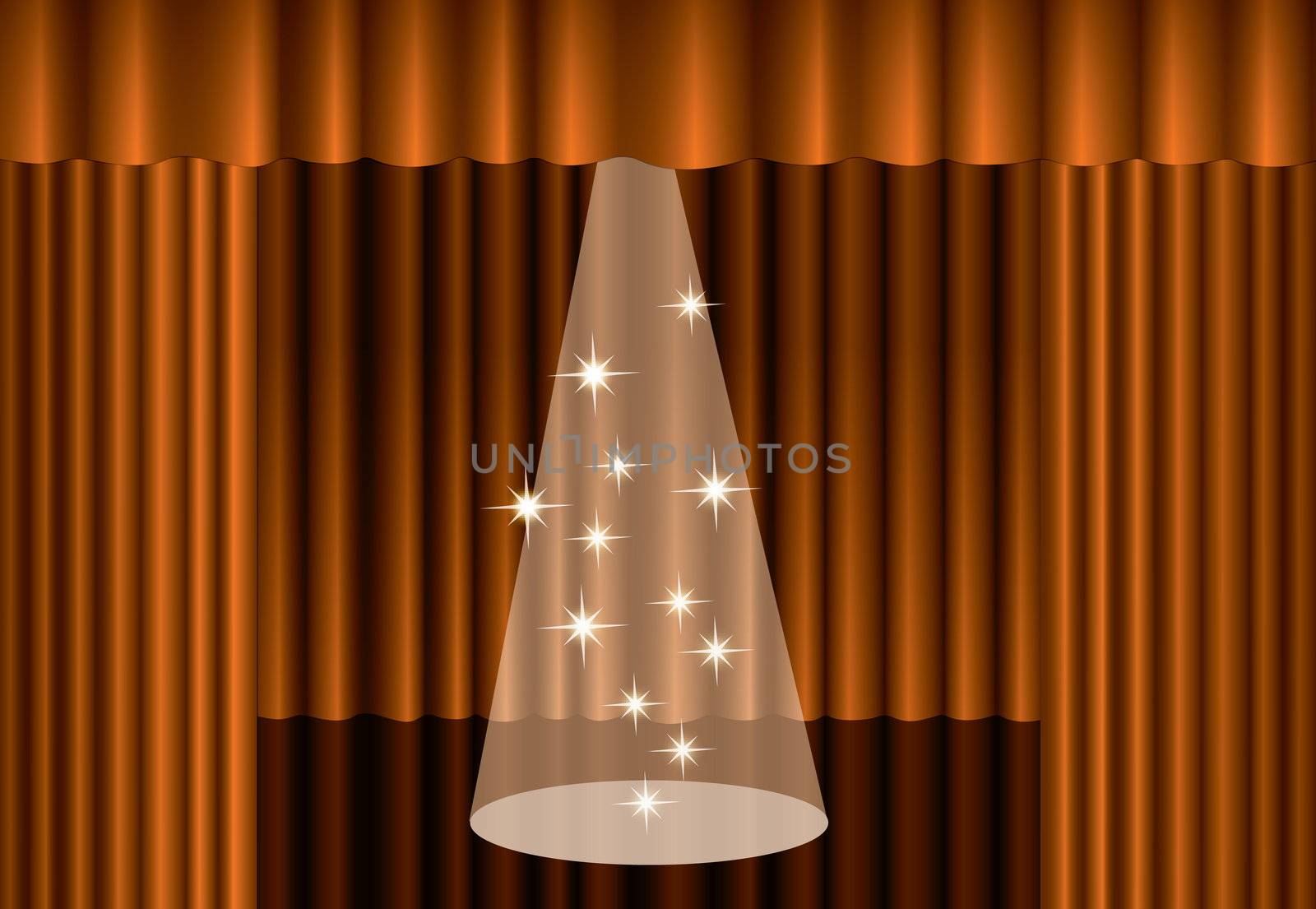 Gold theater curtain with spotlight on stage, by svtrotof