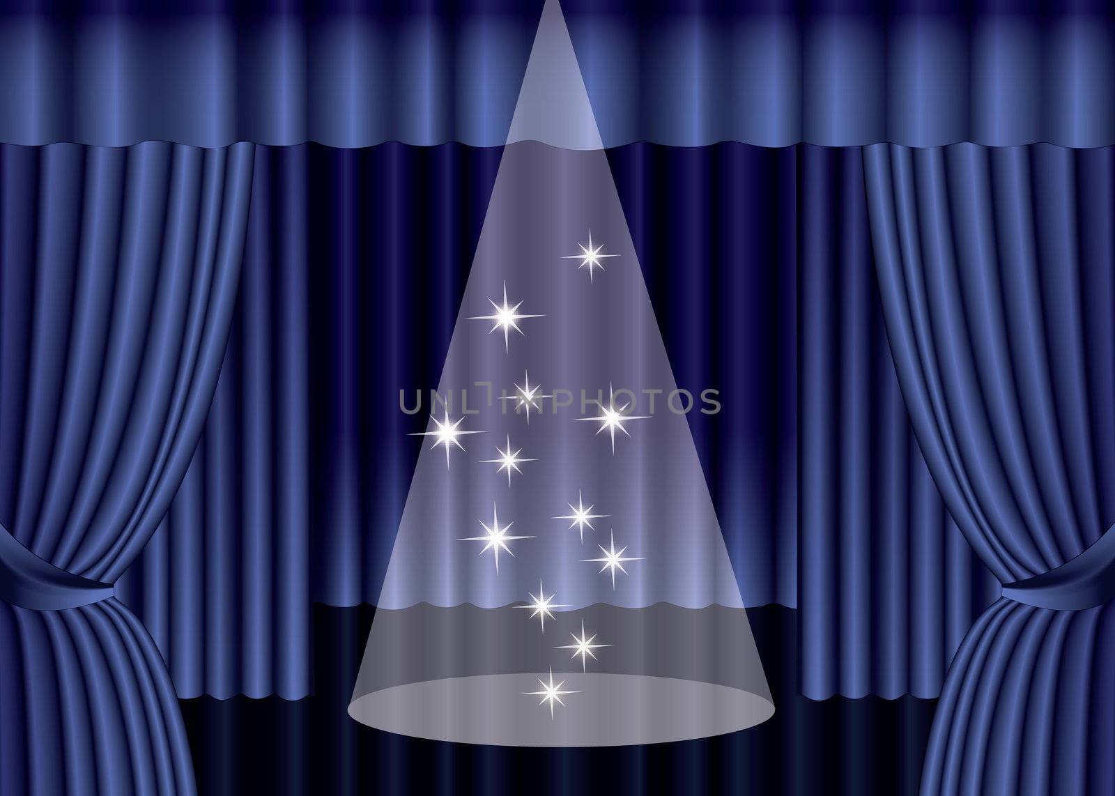 Blue theater curtain with spotlight on stage, by svtrotof