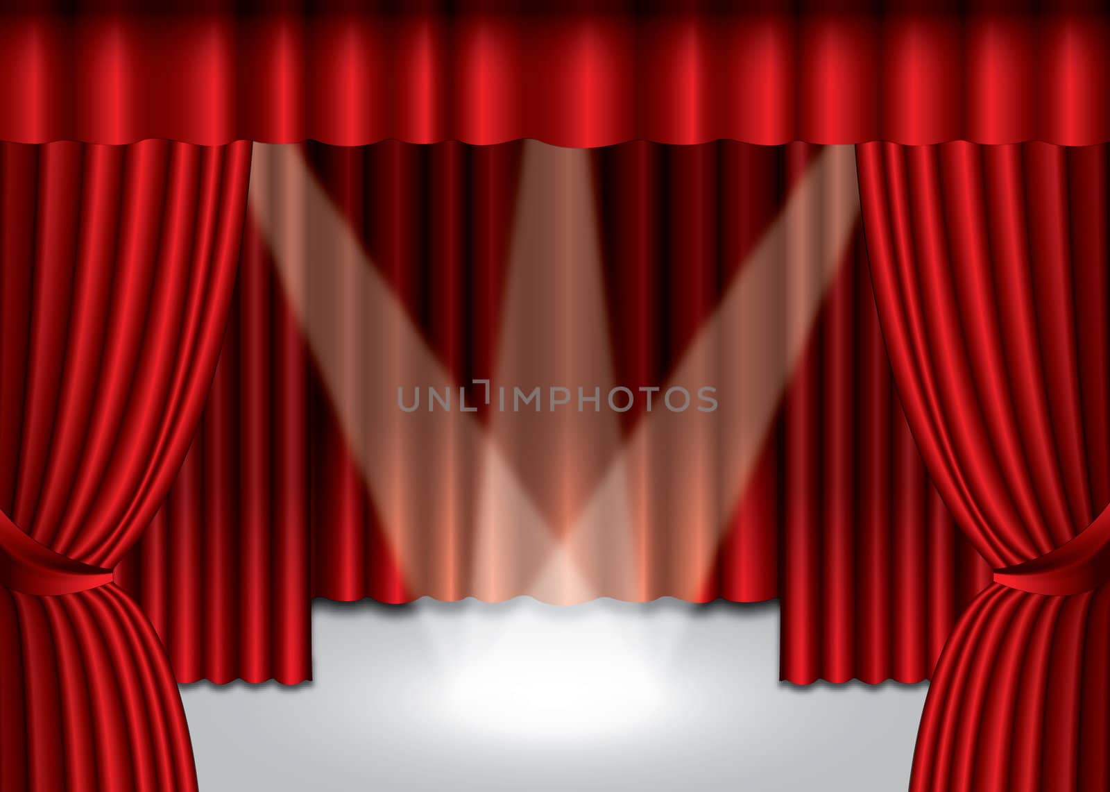 Red theater curtain with spotlight on stage, by svtrotof