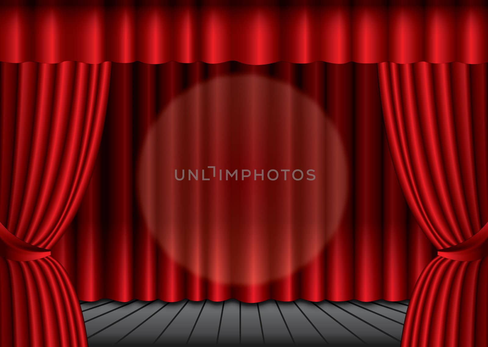 Closed red theater curtain with spotlight in the center, by svtrotof