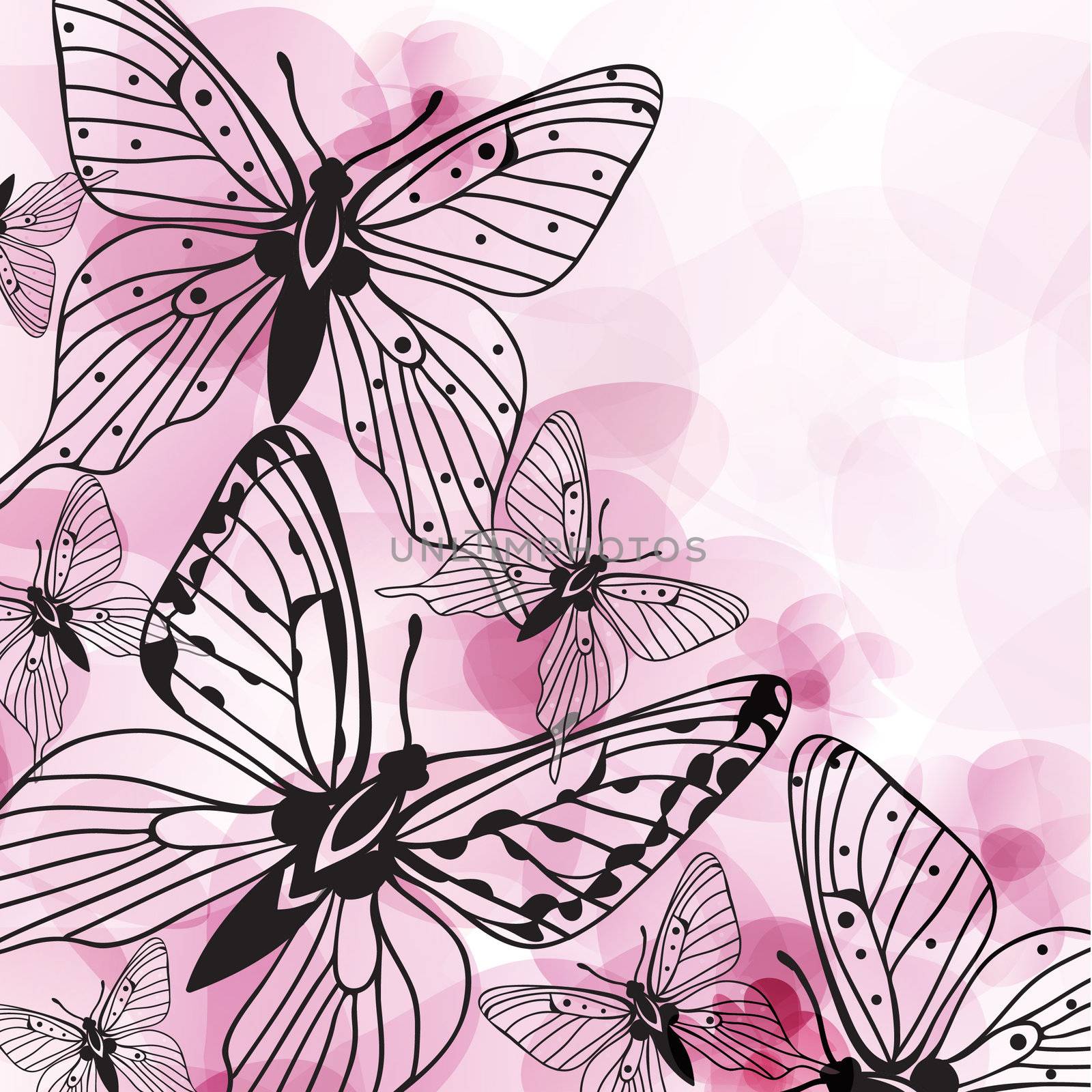 Beautiful vector background with pink butterflies and flowers by mcherevan