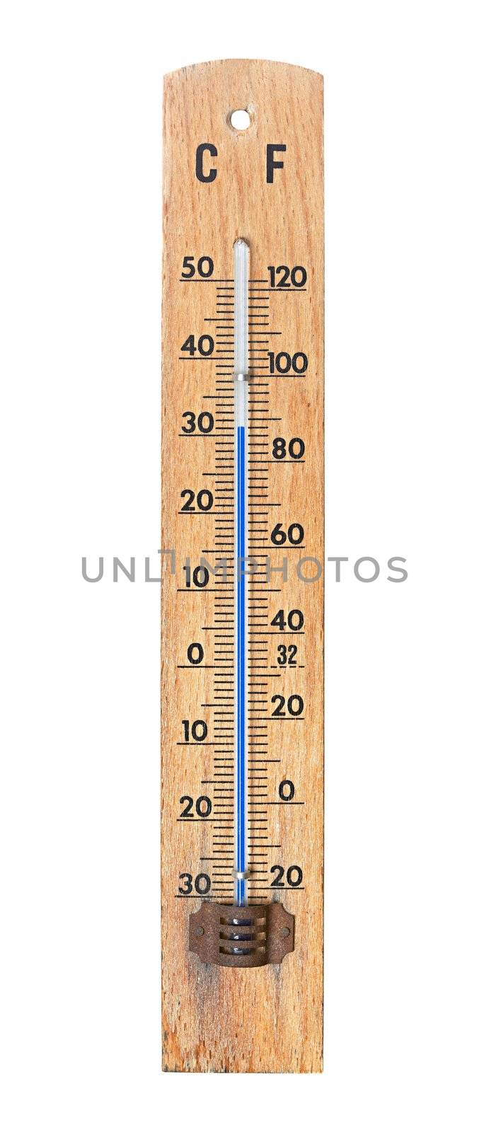 Thermometer showing quite high temperature in summer weather