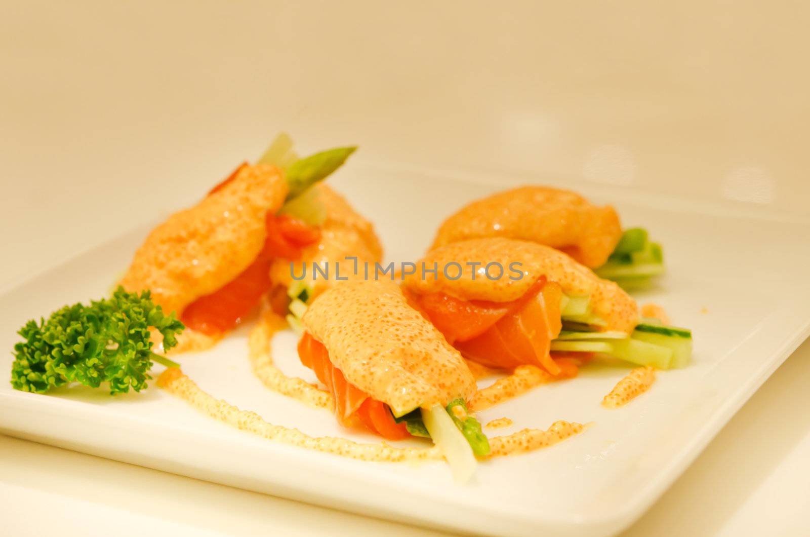 Roll made of salmon, Japanese cuisine