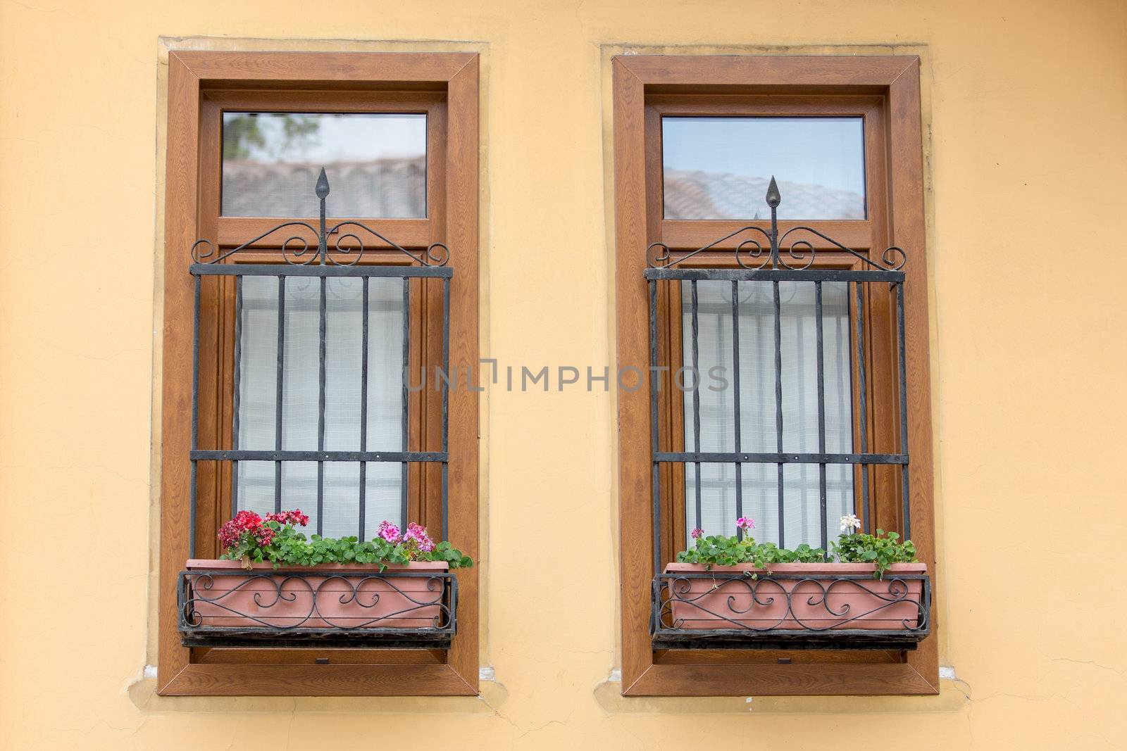 Turkish old fashioned house windows with black bars and geraniums infront of them.
