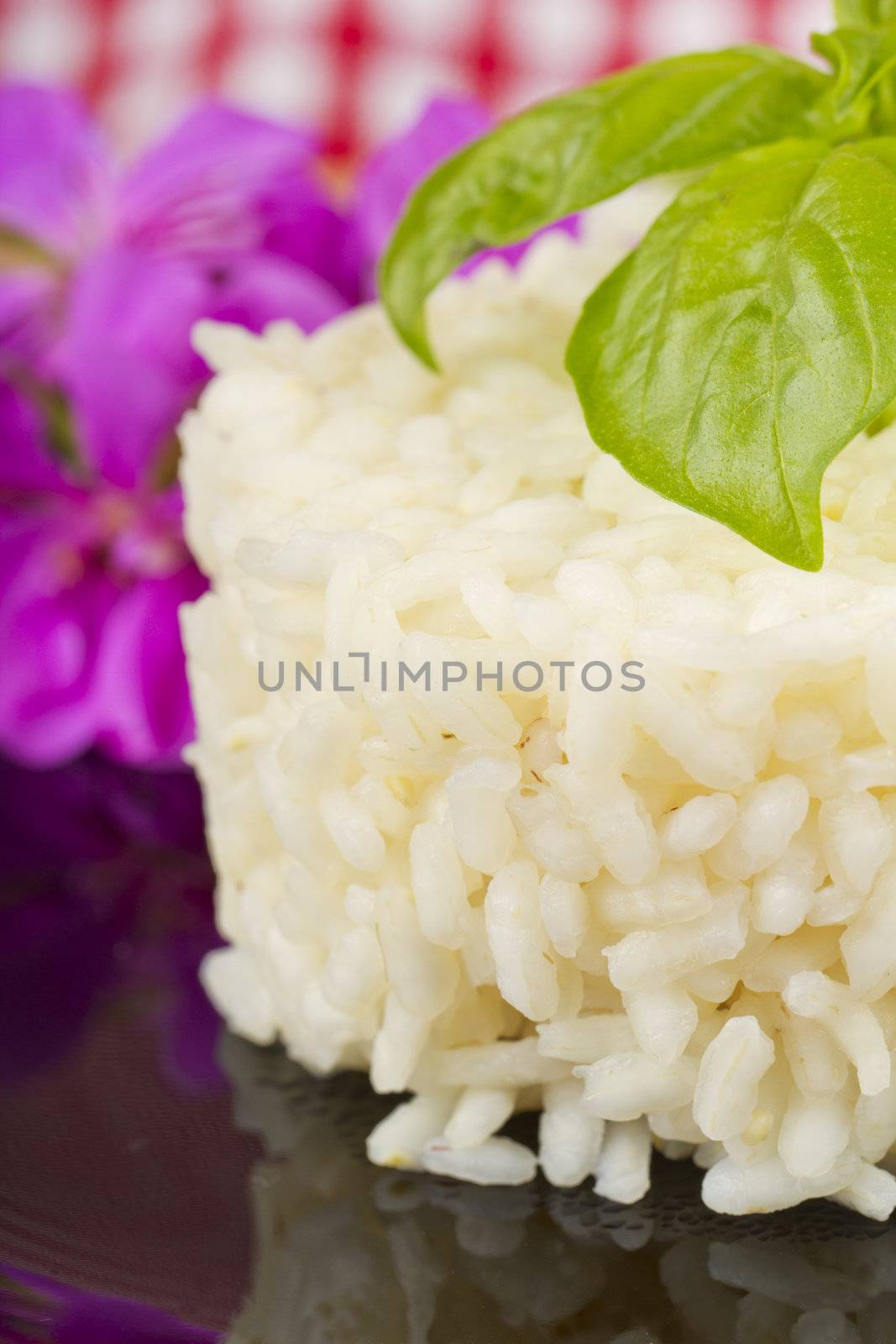 Round form of rice with basil and flower