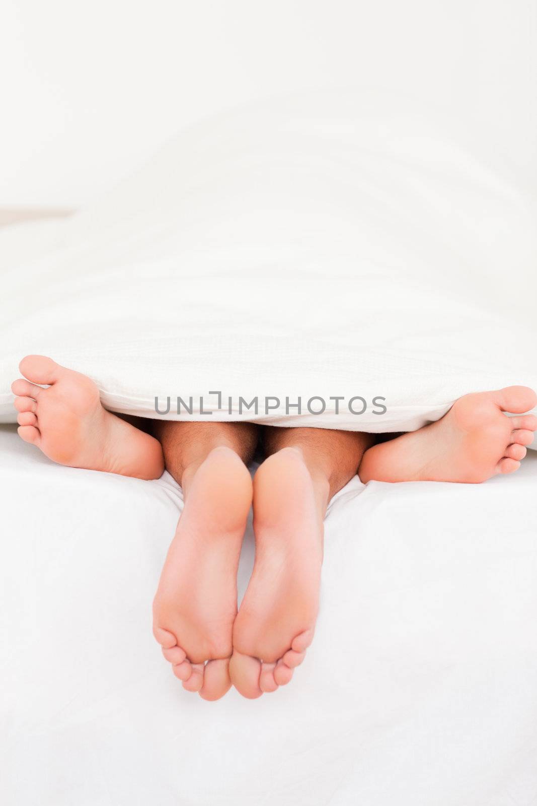 Two pairs of feet in a bed