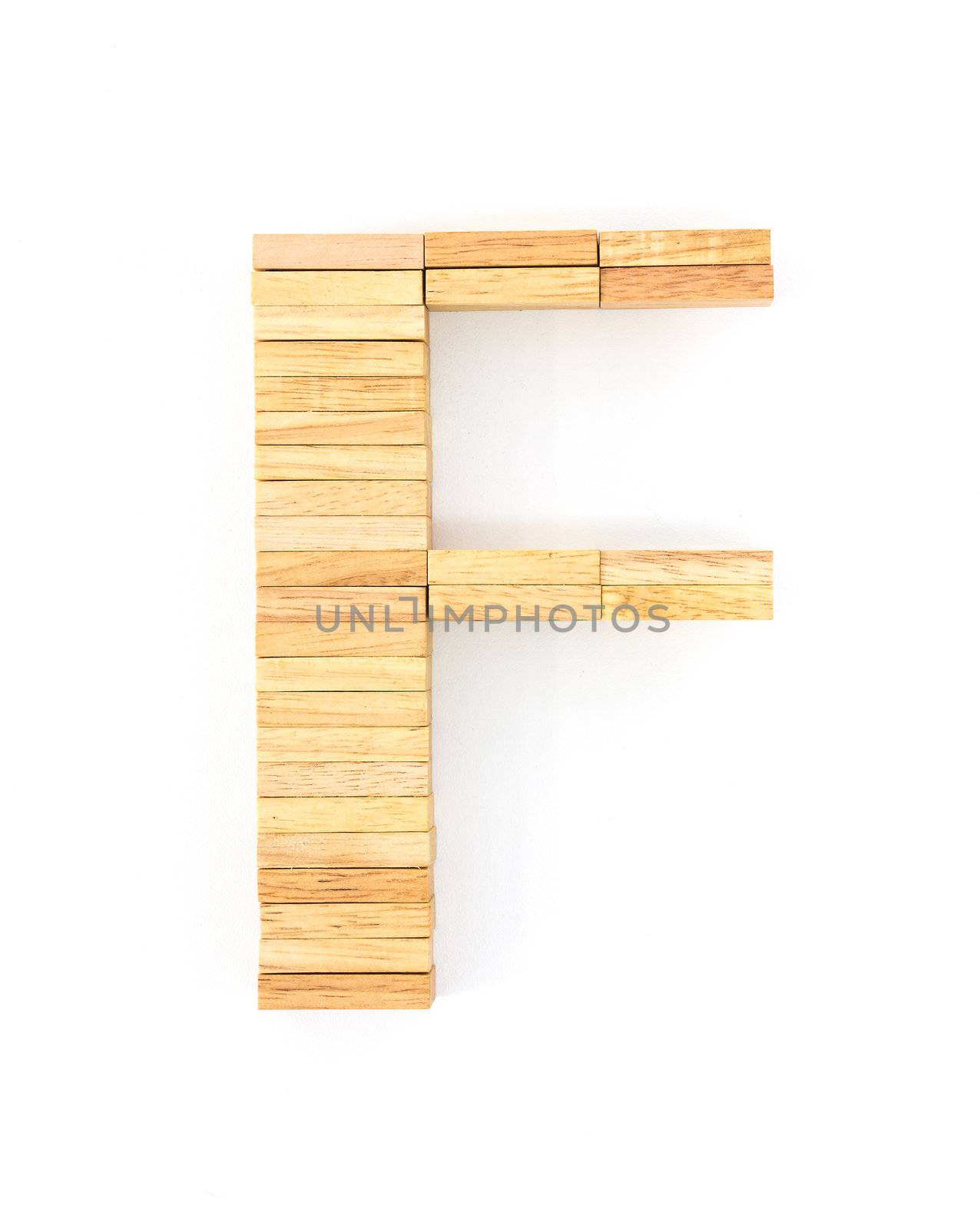 english alphabet  letters from wooden domino on white background, letter F
