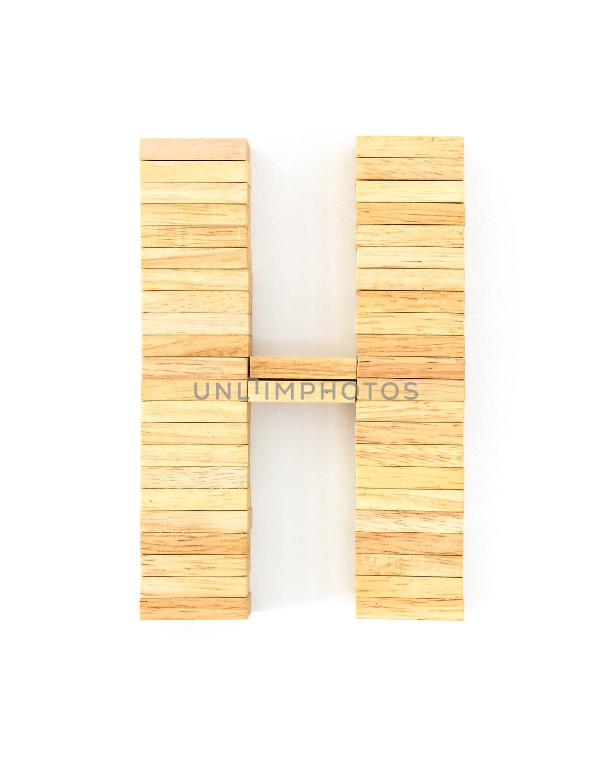 english alphabet  letters from wooden domino on white background, letter H