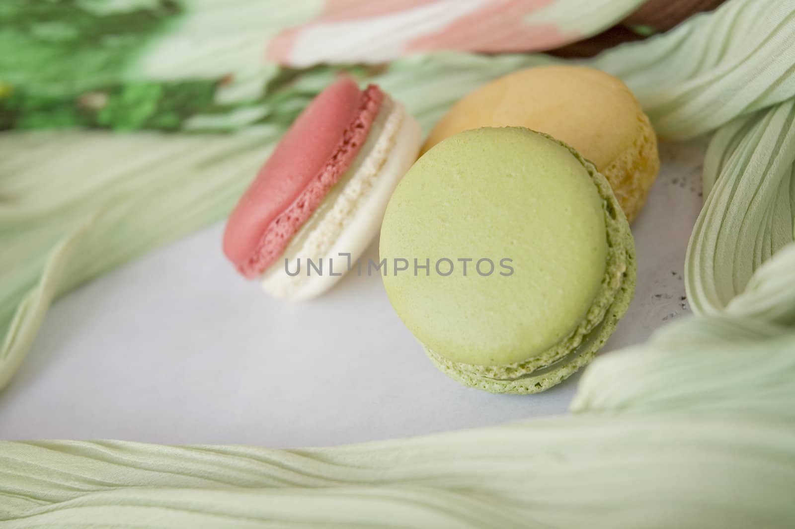 close up soft green color macaron on colorful background