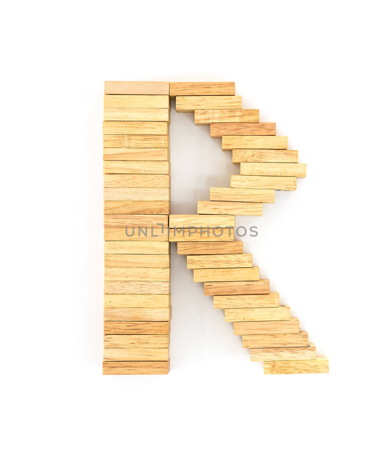 english alphabet  letters from wooden domino on white background, letter R