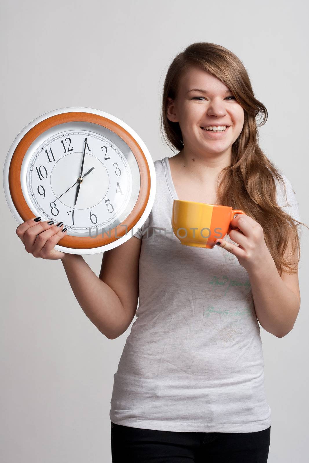 Portrait of a girl with a cup and a clock by victosha