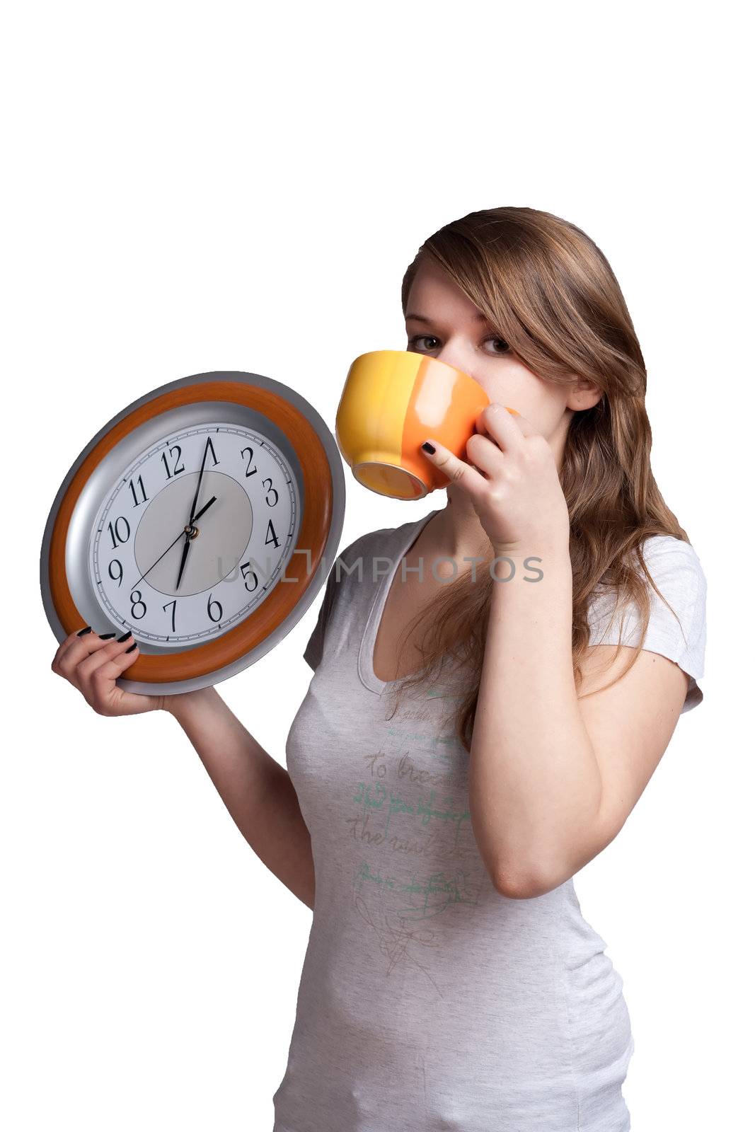 The girl with the big clock in the hands of his tea studio photography
