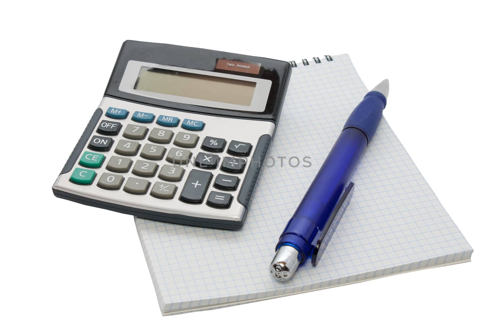 Calculator pen and notebook on white background