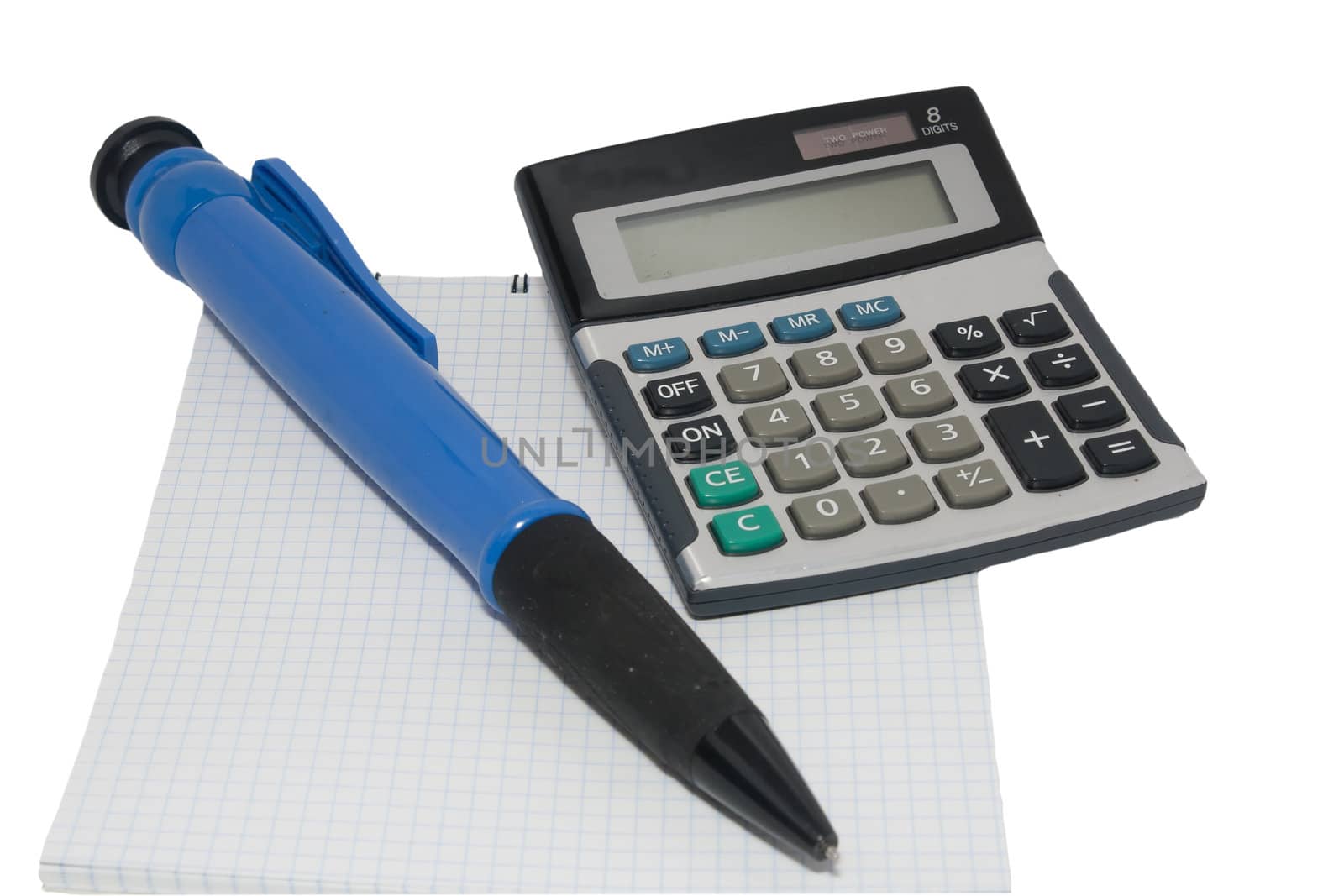 Calculator pen and notebook on white background