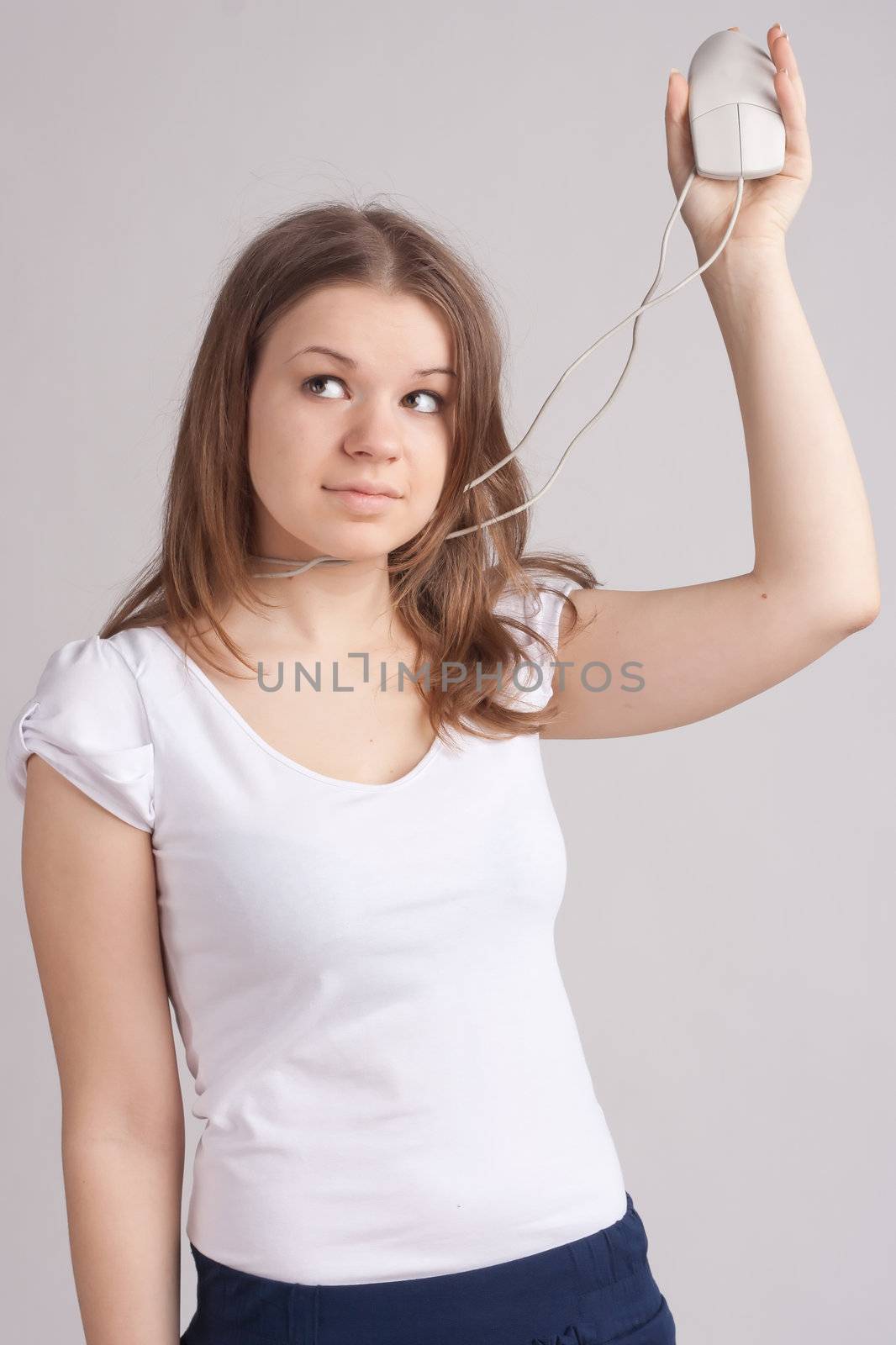 girl with a computer mouse in the neck