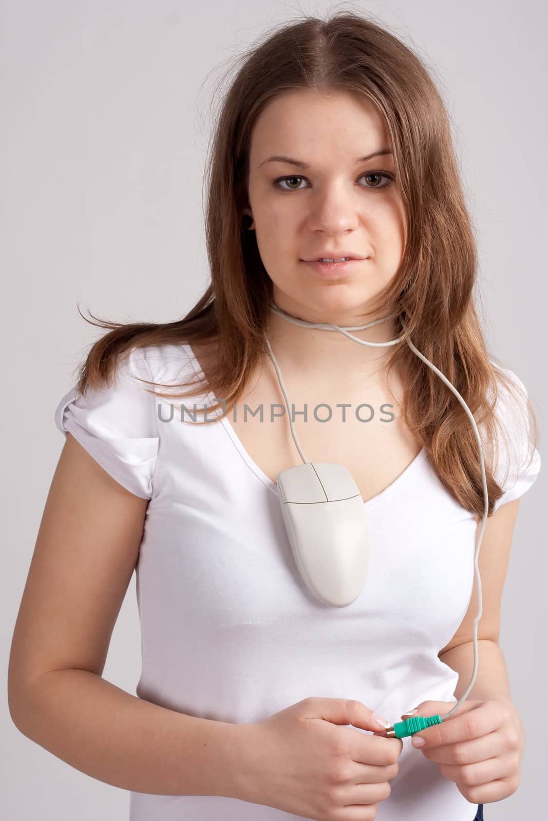 girl with a computer mouse in the neck
