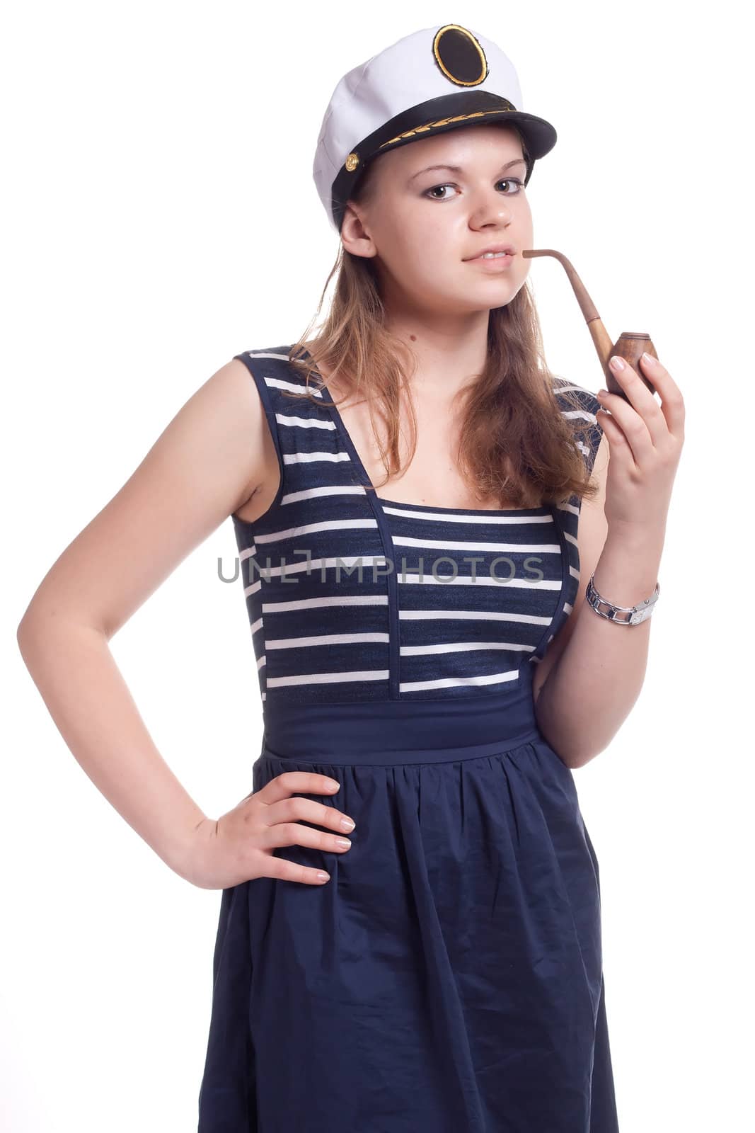 girl in a sailor cap smoking a pipe on a white background