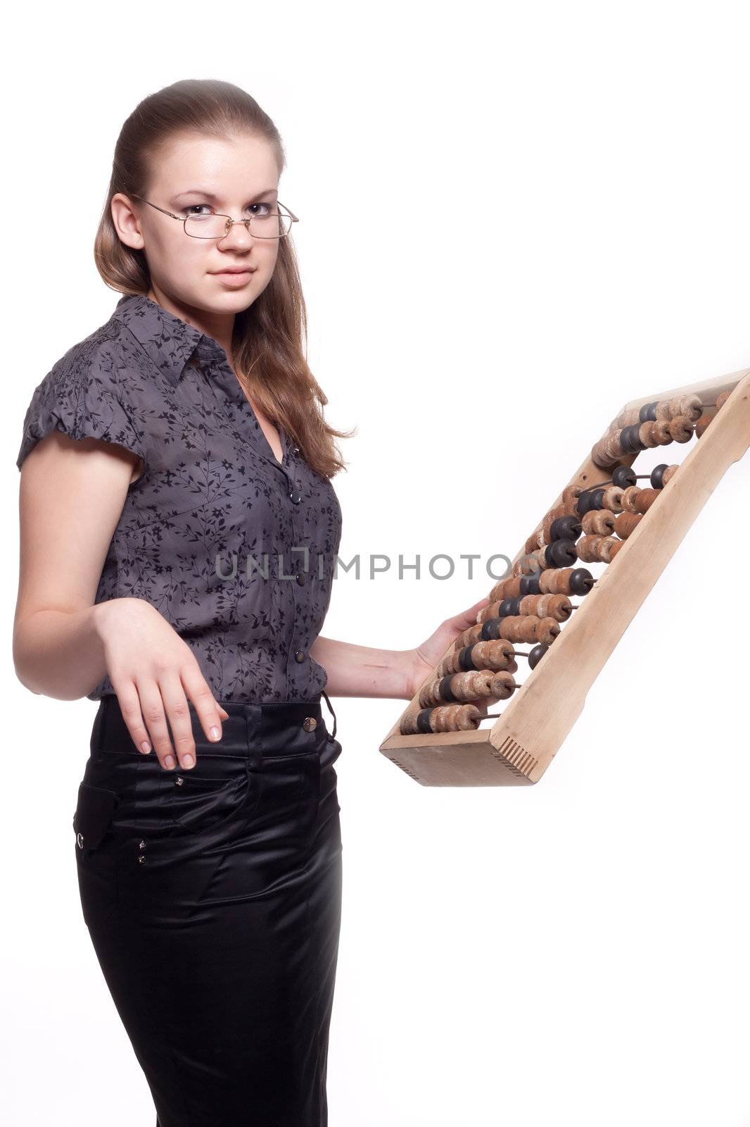 Girl with big wooden abacus on a white background