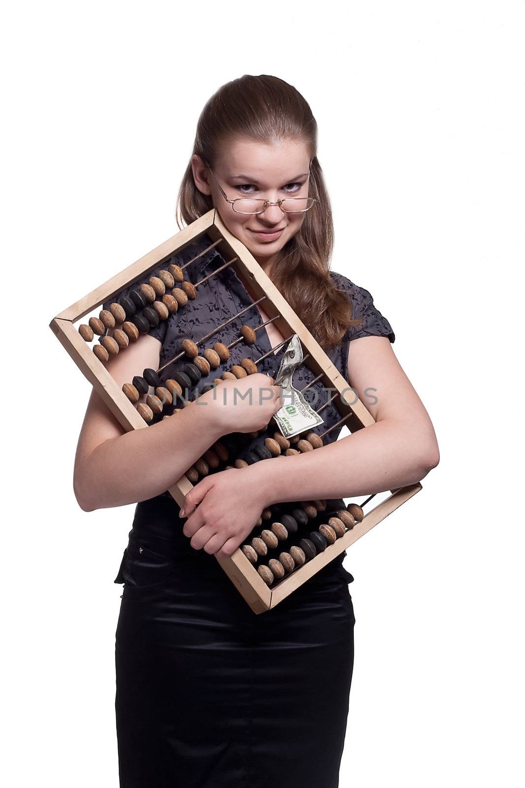 Girl with big abacus and the dollar studio shooting