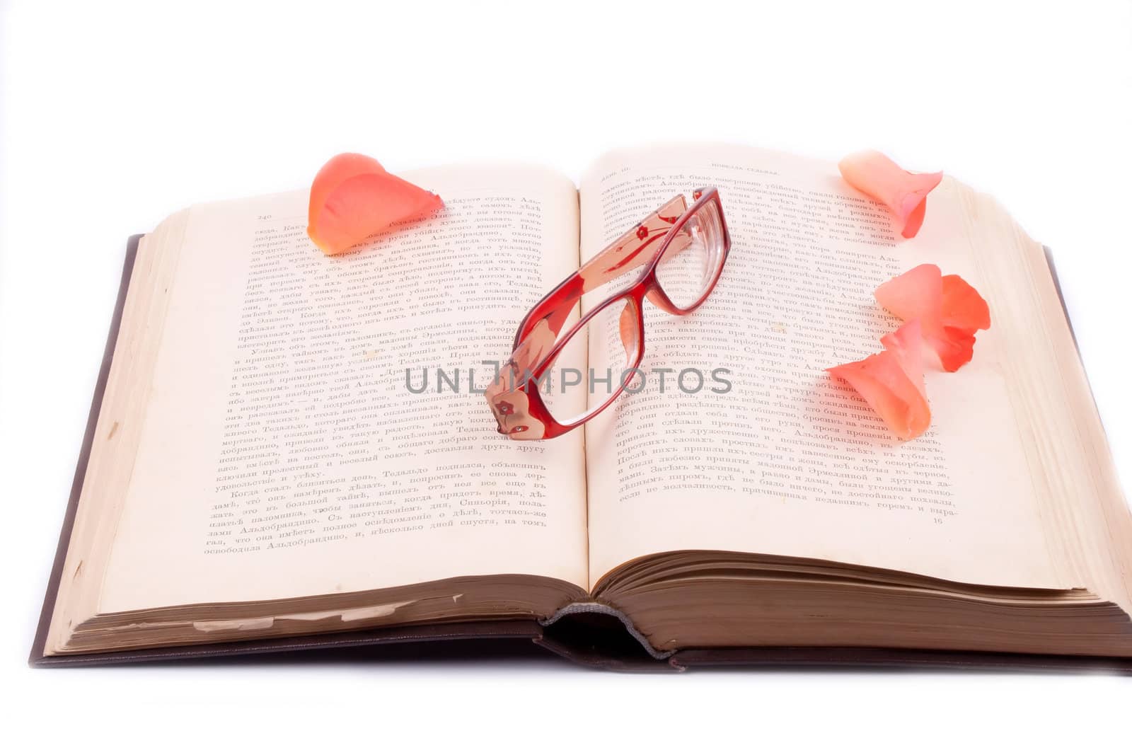 The open book with glasses and rose petals  by victosha