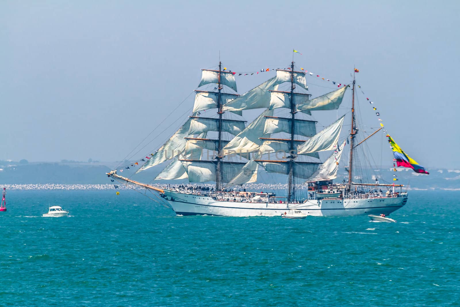CADIZ, SPAIN - JUL 29: Ecuadorian Navy Ship, Guayas setting sail on the Tall ship races 2012 on July 29 , 2012, in Cadiz , Spain