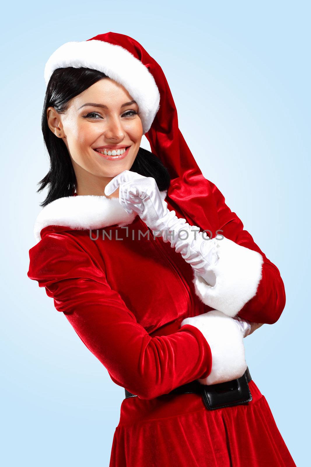 Santa Girl presenting your product, in costume and white gloves