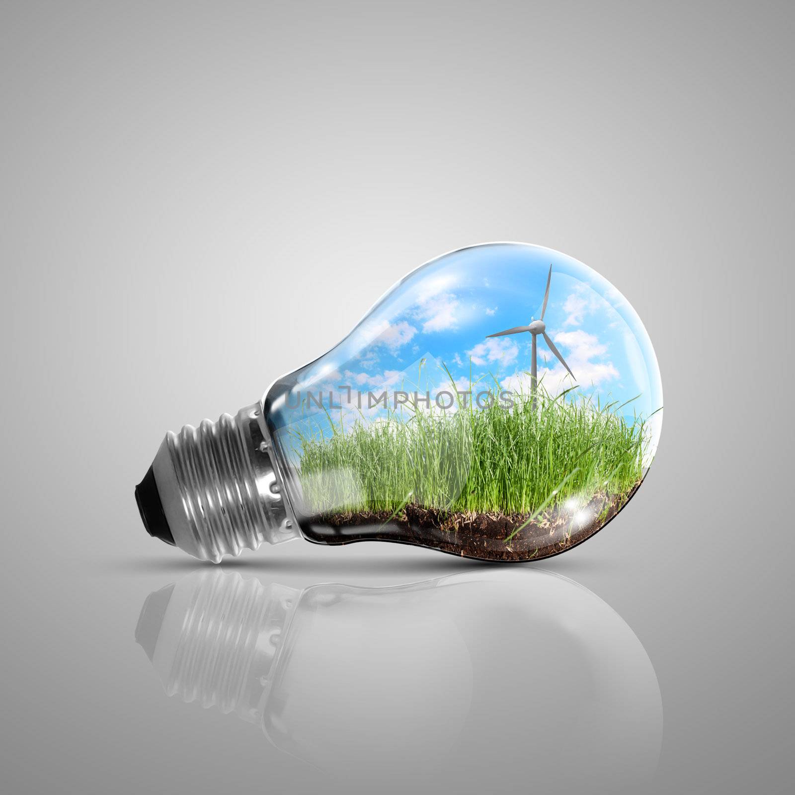 Ecoloy illustration Lamp bulb with clean nature and renewable energy symbol inside