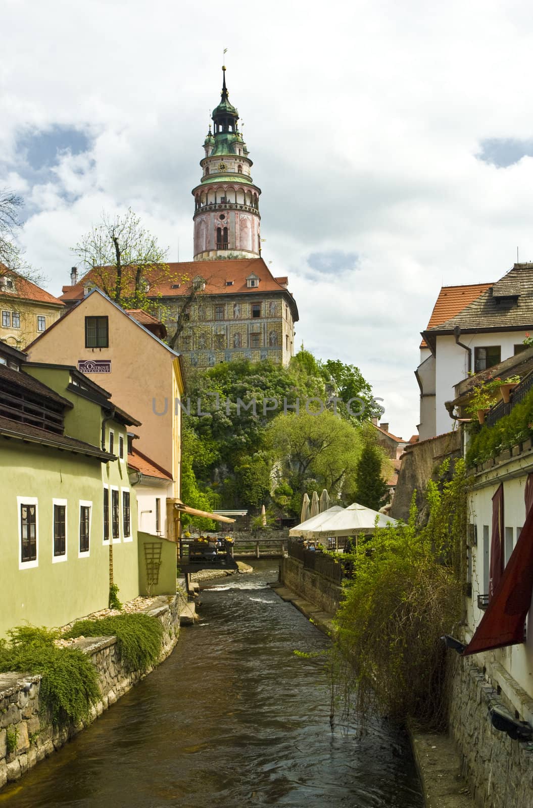 Narrow canal at Cesky Krumlov in Czech republic