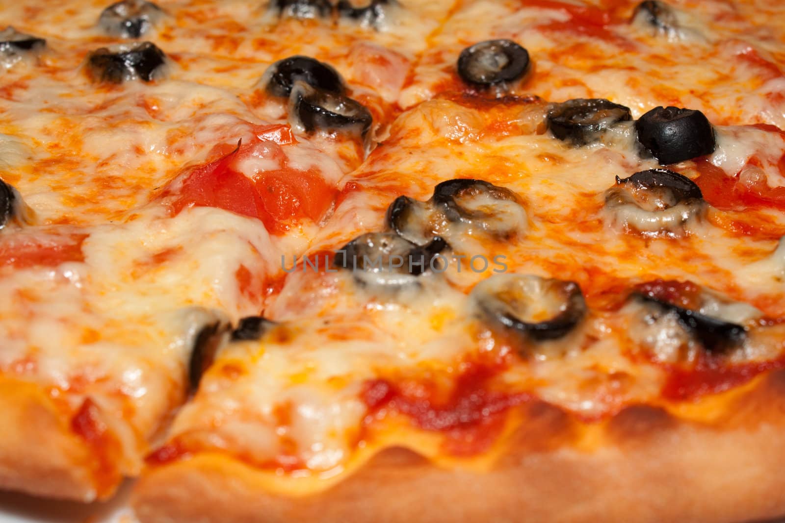 Pizza with black olives and melted cheese, close-up shooting by victosha