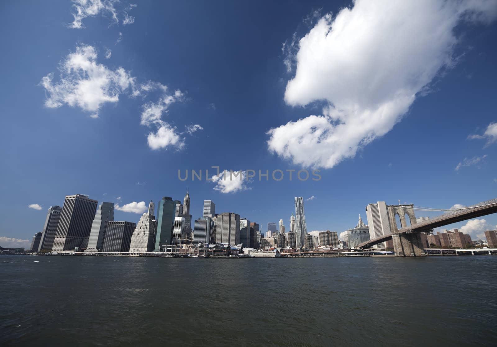 The New York City Downtown skyline at noon w Brooklyn Bridge