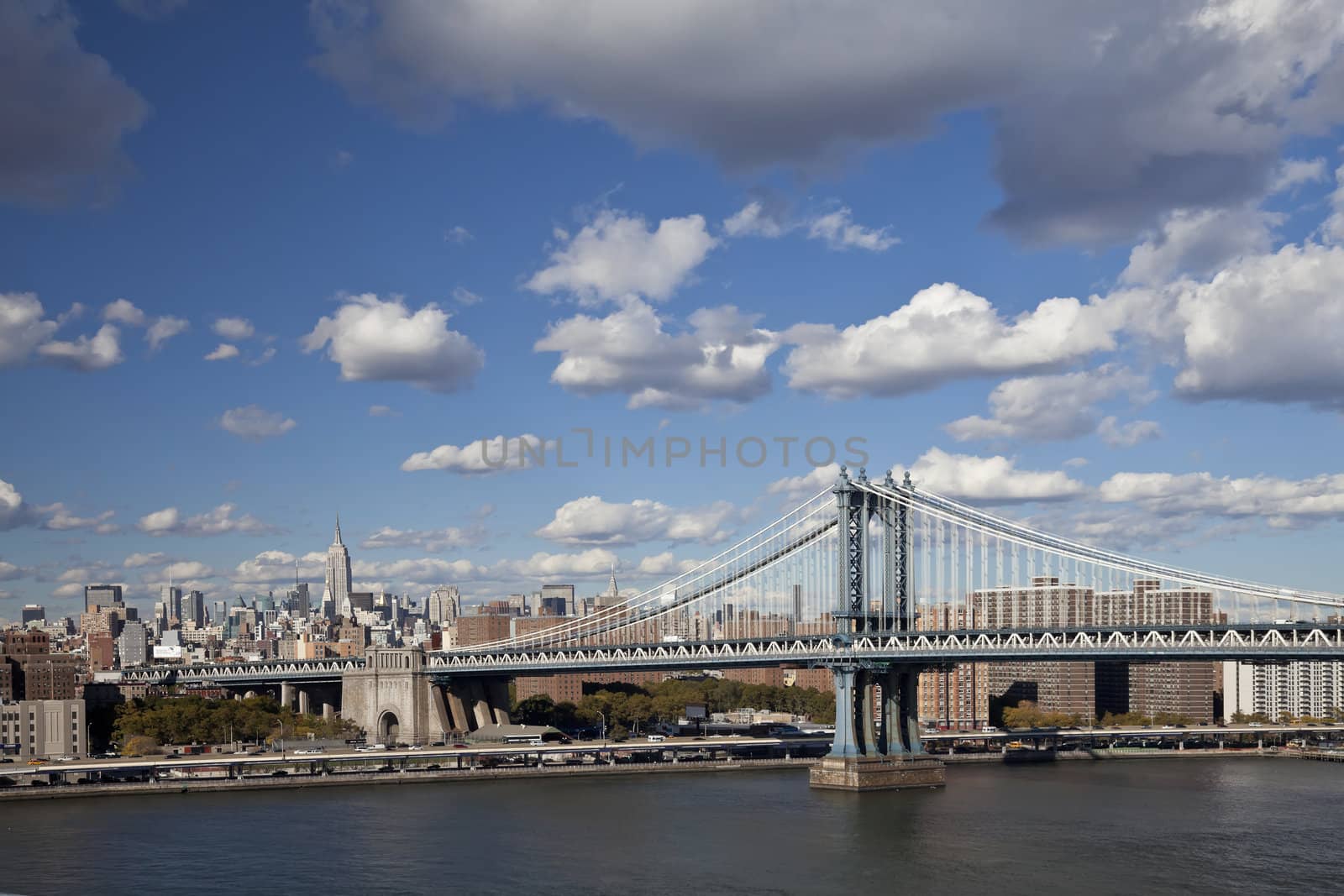 The New York City Uptown skyline at the afternoon w Manhattan Bridge