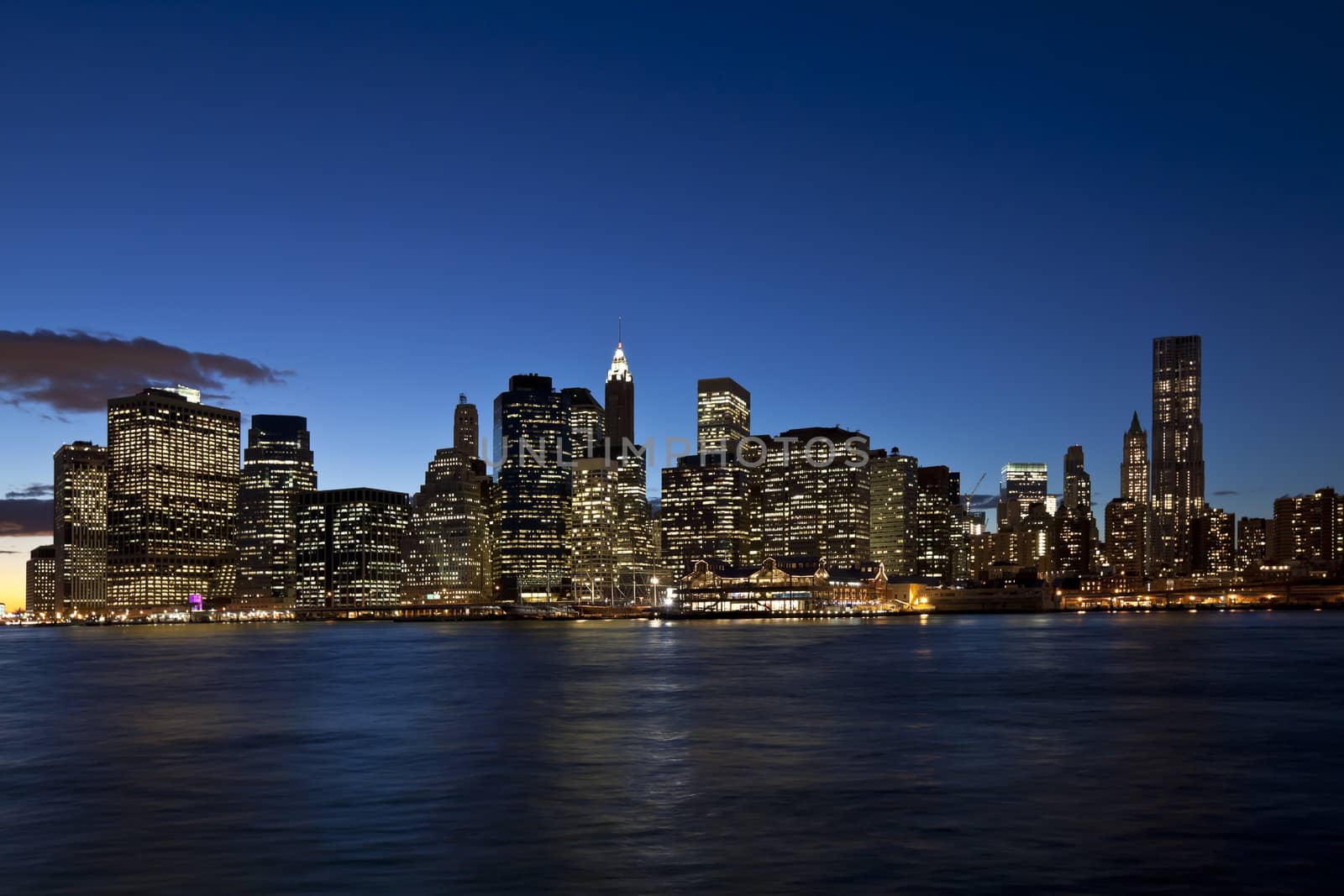 The New York City skyline at twilight