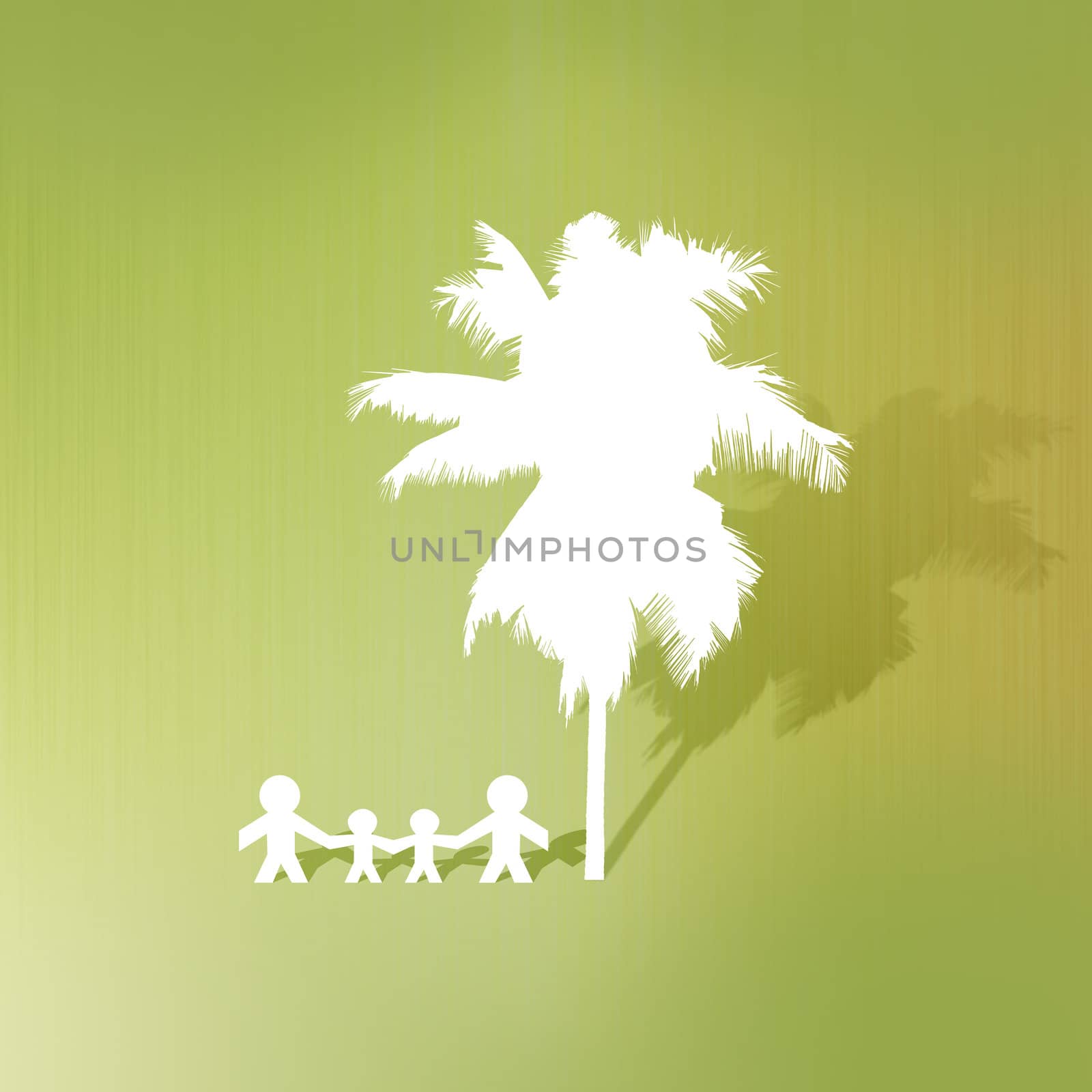 Coconut tree and family of paper cut on abstract background by jumpe