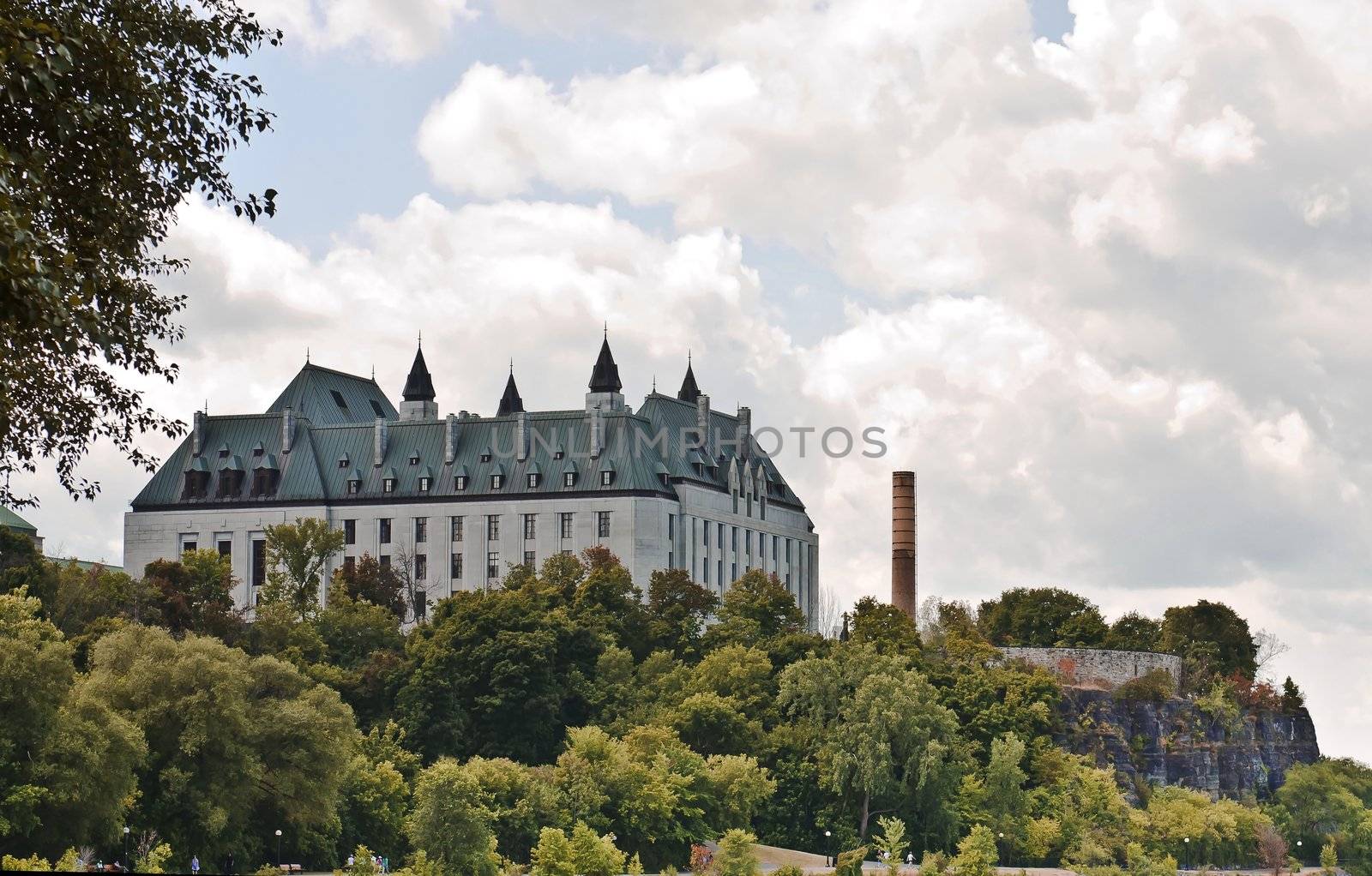 The Supreme Court of Canada viewed from behind where it faces the Ottawa river.