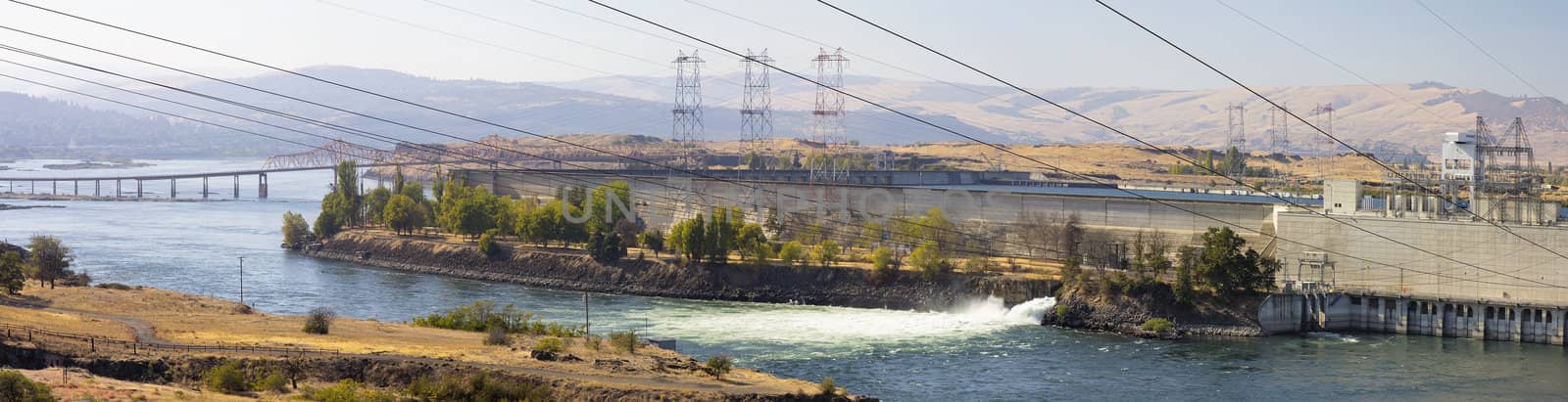 Hydroelectric Power Generator Plant in The Dalles Oregon Along Columbia River Gorge Panorama