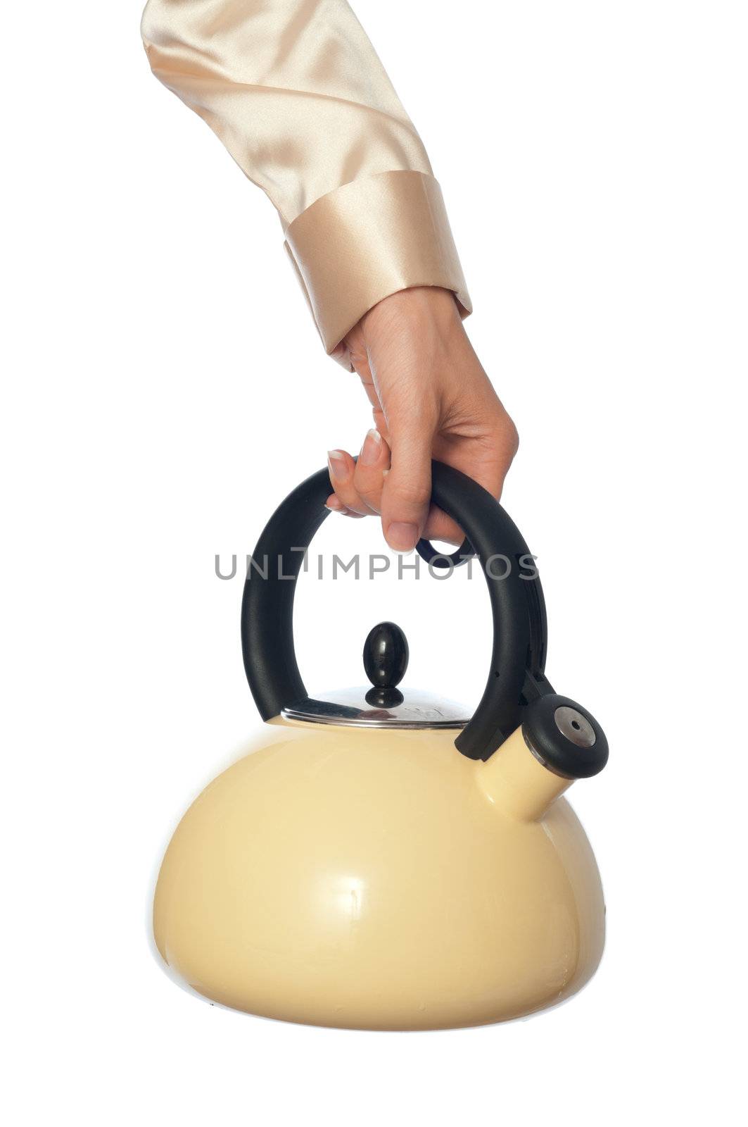 Office worker holds a teapot with boiled water for tea