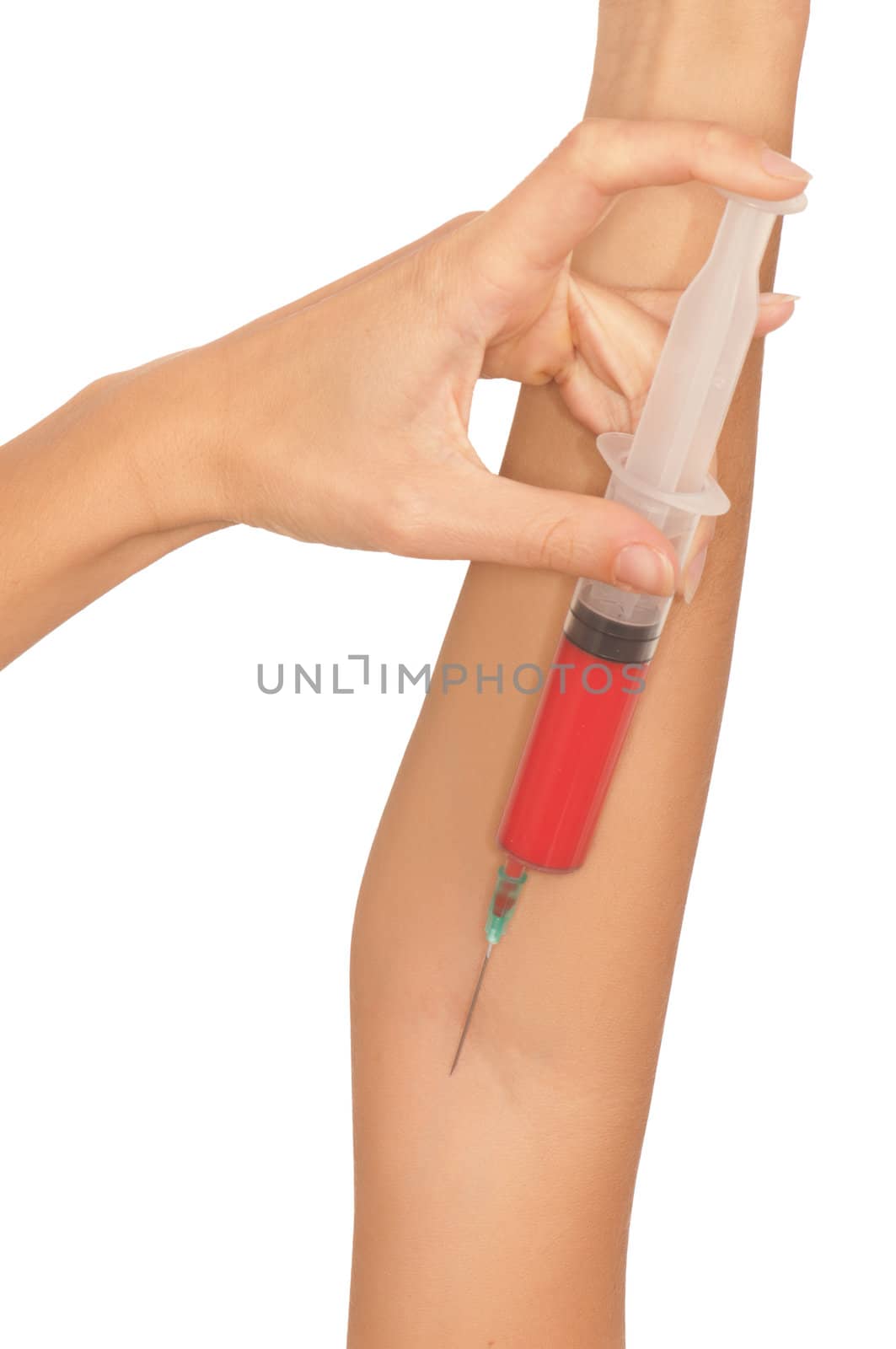 Woman use syringe with a new synthetic hard drugs mixed with blood for escape from reality
