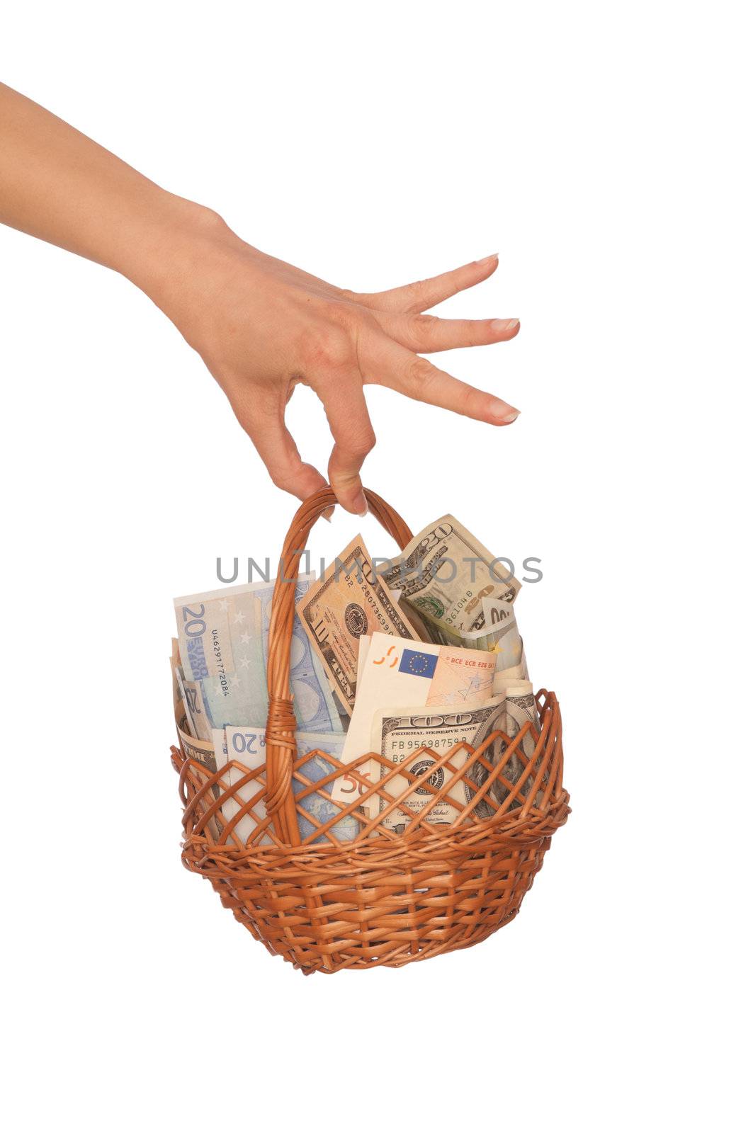 businesswoman owns the dual currency basket with euro and dollars for stable business