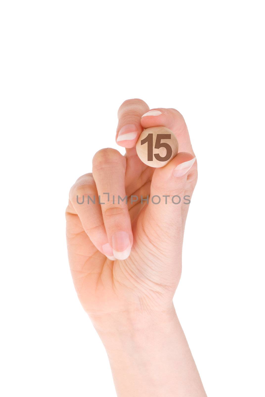 Fifteenth bingo ball in the hand on white background