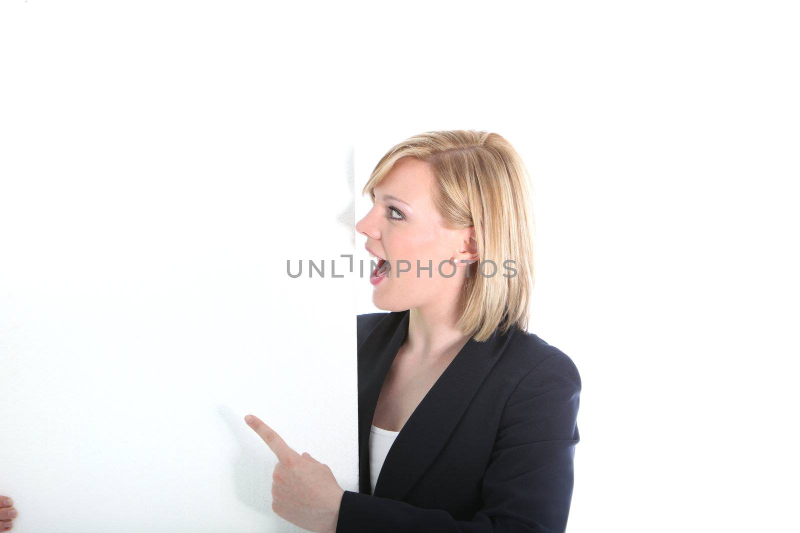 Astonished woman pointing to blank board by Farina6000