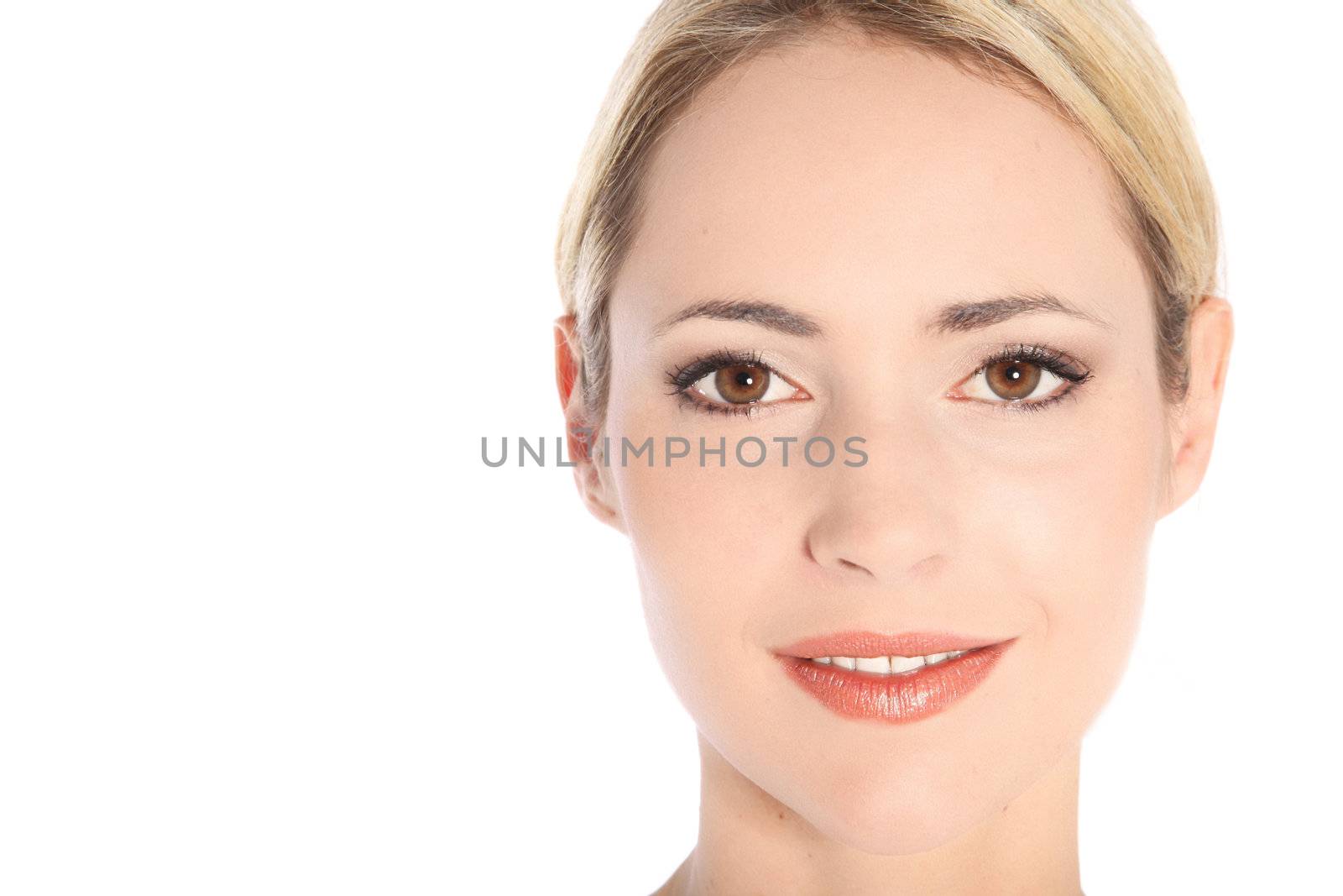 Close-up portrait of beautiful young woman on white background with copy space Close-up portrait of beautiful young woman on white background with copy space