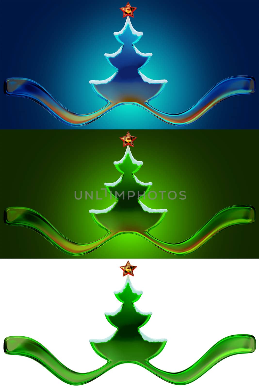 set of three christmas tree made from glass as decorative holiday greeting card