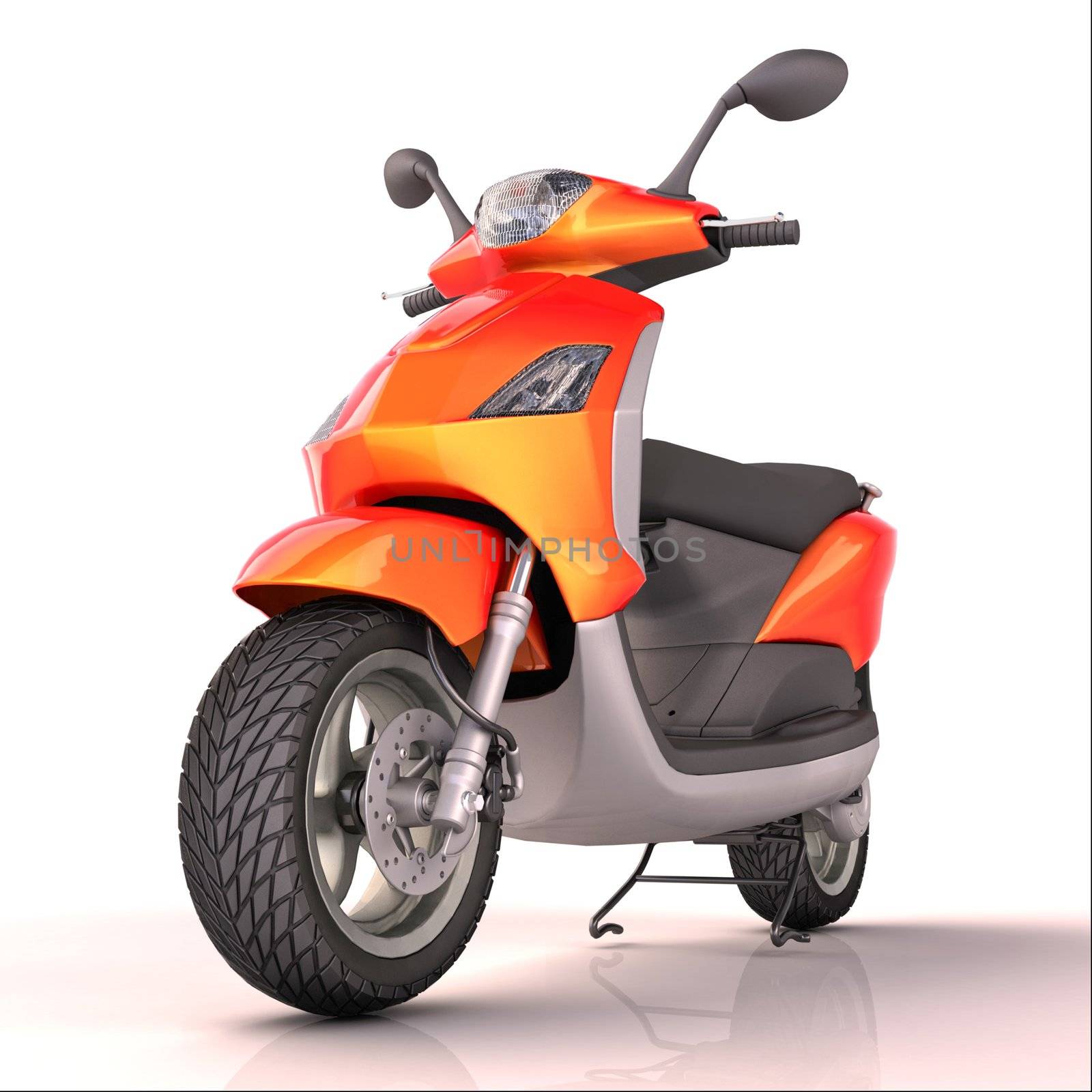 Scooter on white background, shadow and reflection