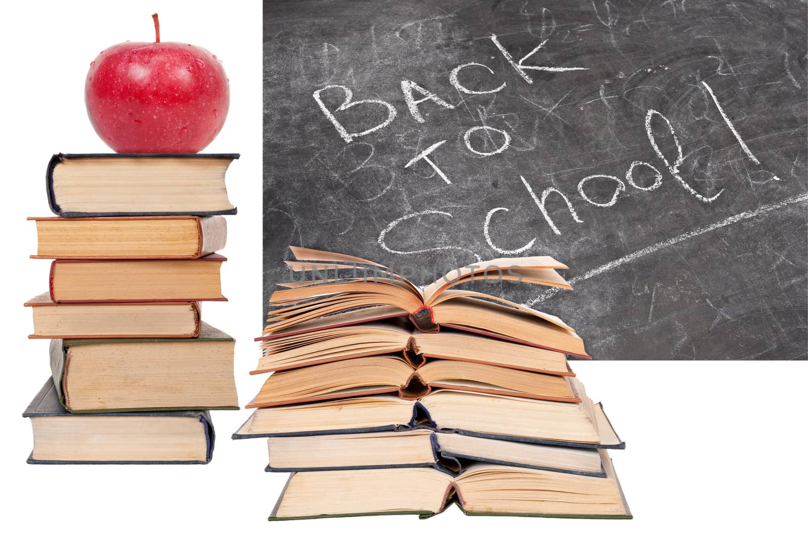 Back to School written on a blackboard with books and red apple  by SeDmi